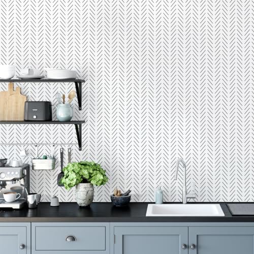 Erfoni Black and White Peel and Stick Wallpaper Modern Herringbone Contact Paper Bathroom 17.7inch x 78.7inch Geometric Removable Wall Paper Peel and Stick Self Adhesive Contact Paper