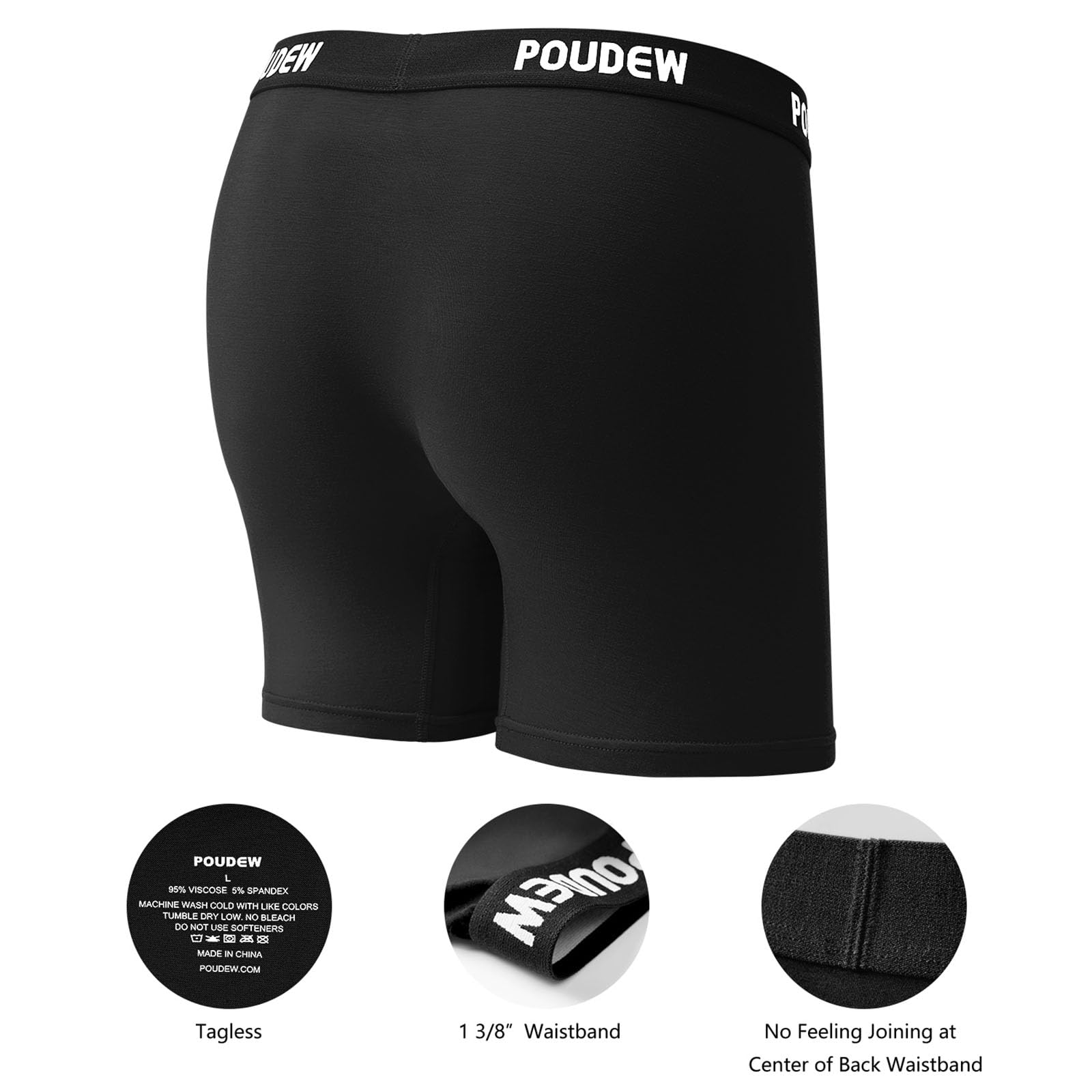 POUDEW Men's Breathable Viscose Moisture Wicking No Roll Waistband Tagless Underwear Boxer Briefs, Pack of 5 (X-Small, Black/Black/Black/Black/Black)