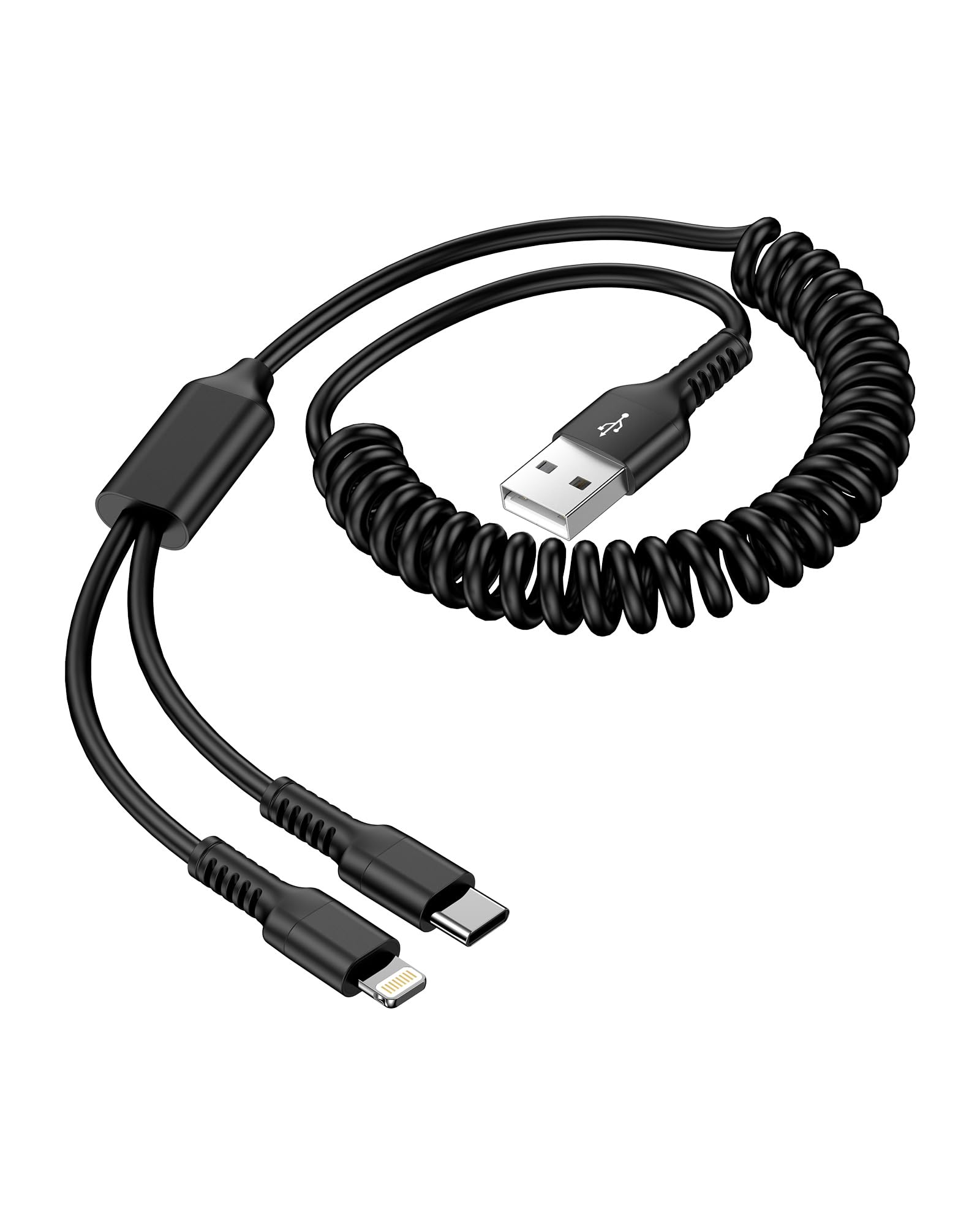 Coiled Lightning Cable for iPhone 15 Pro Max, Curled Multi Charging Cable Wire 2-in-1 USB to Lightning/Type C Port Fast Charging Cord for Car, Apple 16 14 Plus 13 12 11 iPad Air Mini, Galaxy, Pixel