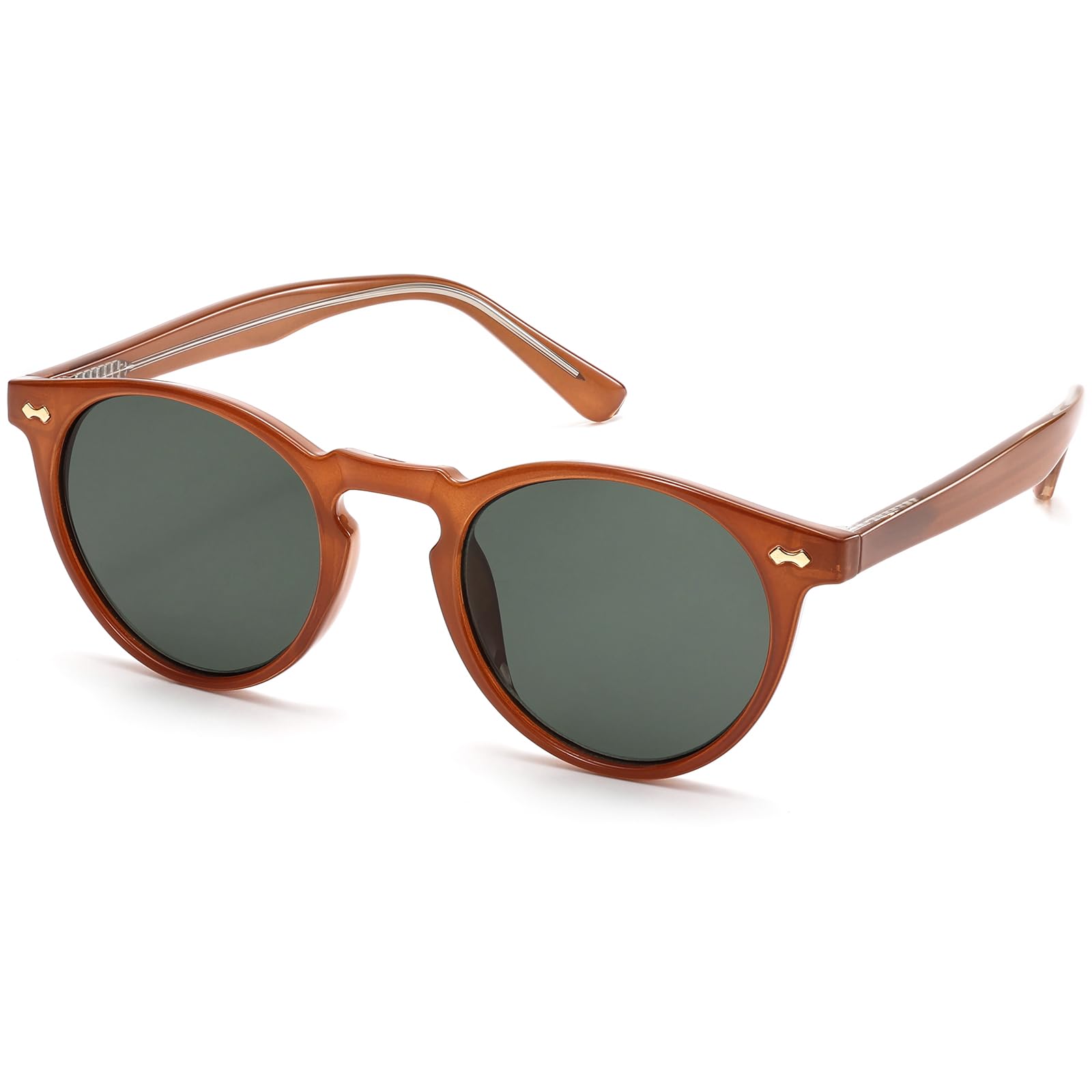 hnbliv Small Retro Round Sunglasses for Women Men UV400 Protection Vintage Designer Trendy Brown Frame