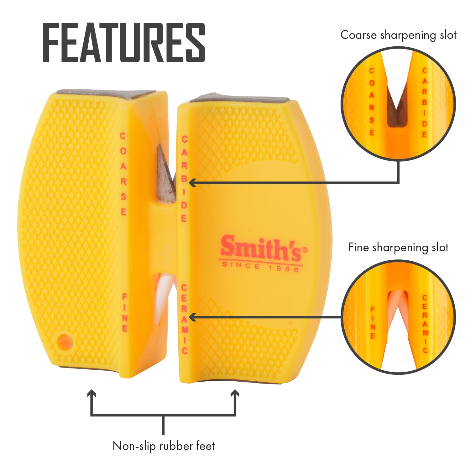 Smith's CCKS 2-Step Knife Sharpener - Yellow - 2-Step Preset Coarse & Fine Slots - Outdoor Handheld Knife Sharpener - Fishing, Hunting, Fillet, Pocket Knives - Compact Plastic Portable Keychain Tool