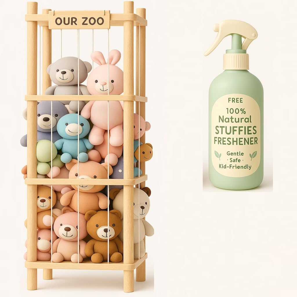 Wooden Stuffed Animal Storage Organizer – Tall Plush Toy Zoo for Kids Room, Holds 40+ Stuffed Animals | Space-Saving Vertical Toy Storage with Bonus Kid-Friendly Stuffed Animal Freshener Spray