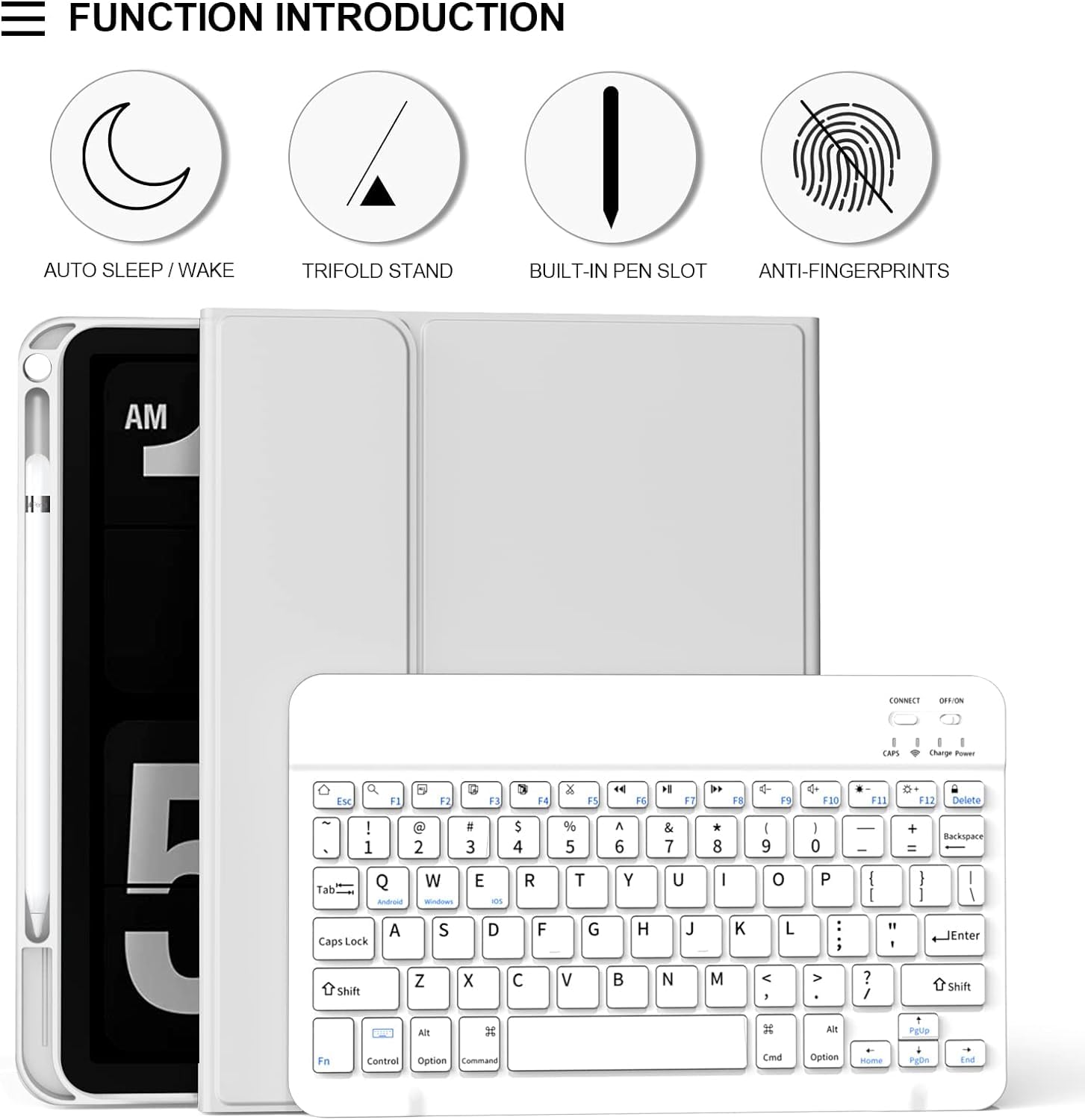 KENKE for iPad 10th Generation Case with Keyboard 10.9 inch 2022, Detachable Wireless Bluetooth iPad Keyboard Case Thin & Light with Built-in Left Side Pencil Holder, White Square Keycaps (Gray