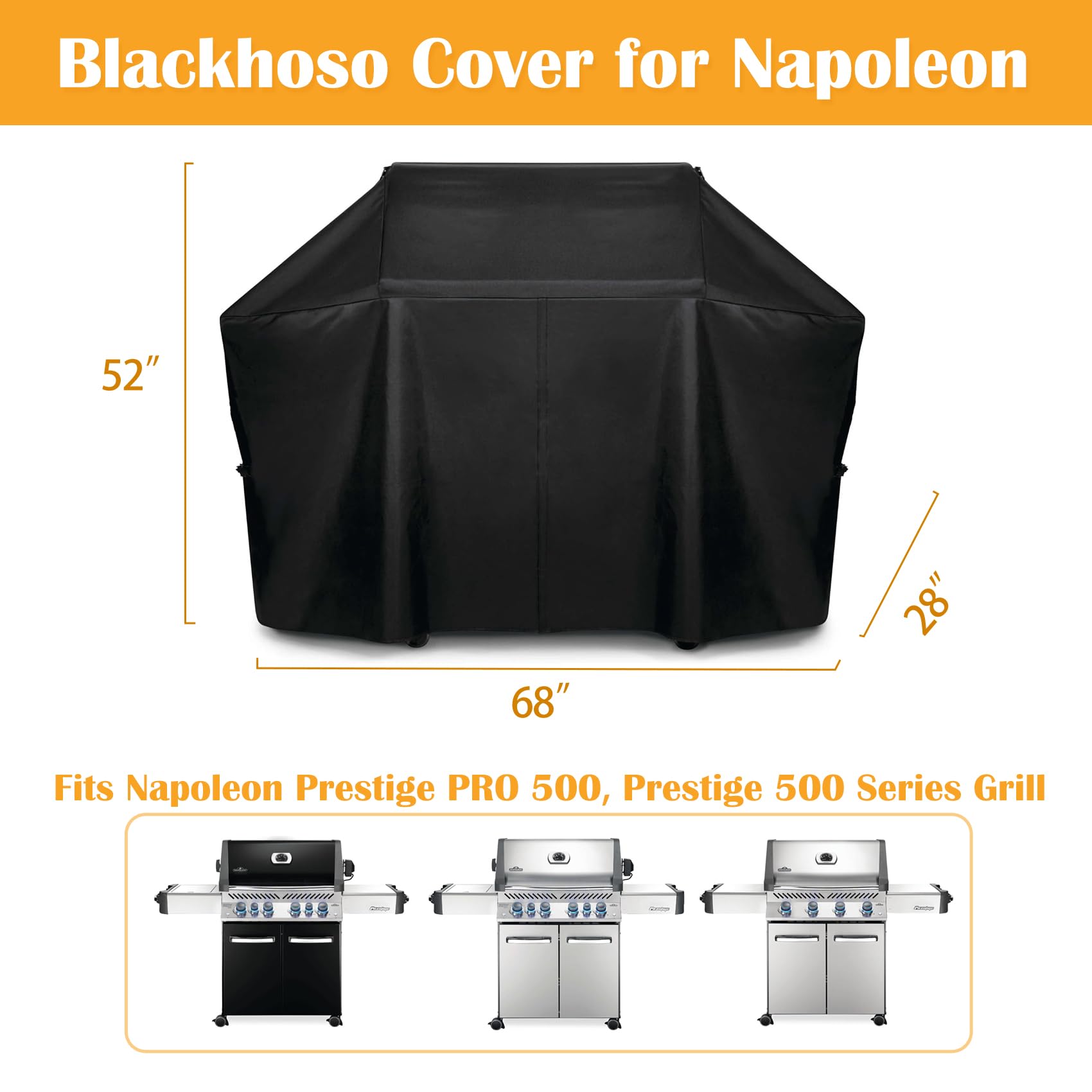Grill Cover 61500 for Napoleon Prestige PRO 500 and Prestige 500 Grill, 600D Heavy Duty PU Material Wateproof Grill Cover, Velcro Closure, Adjustable Buckled Straps