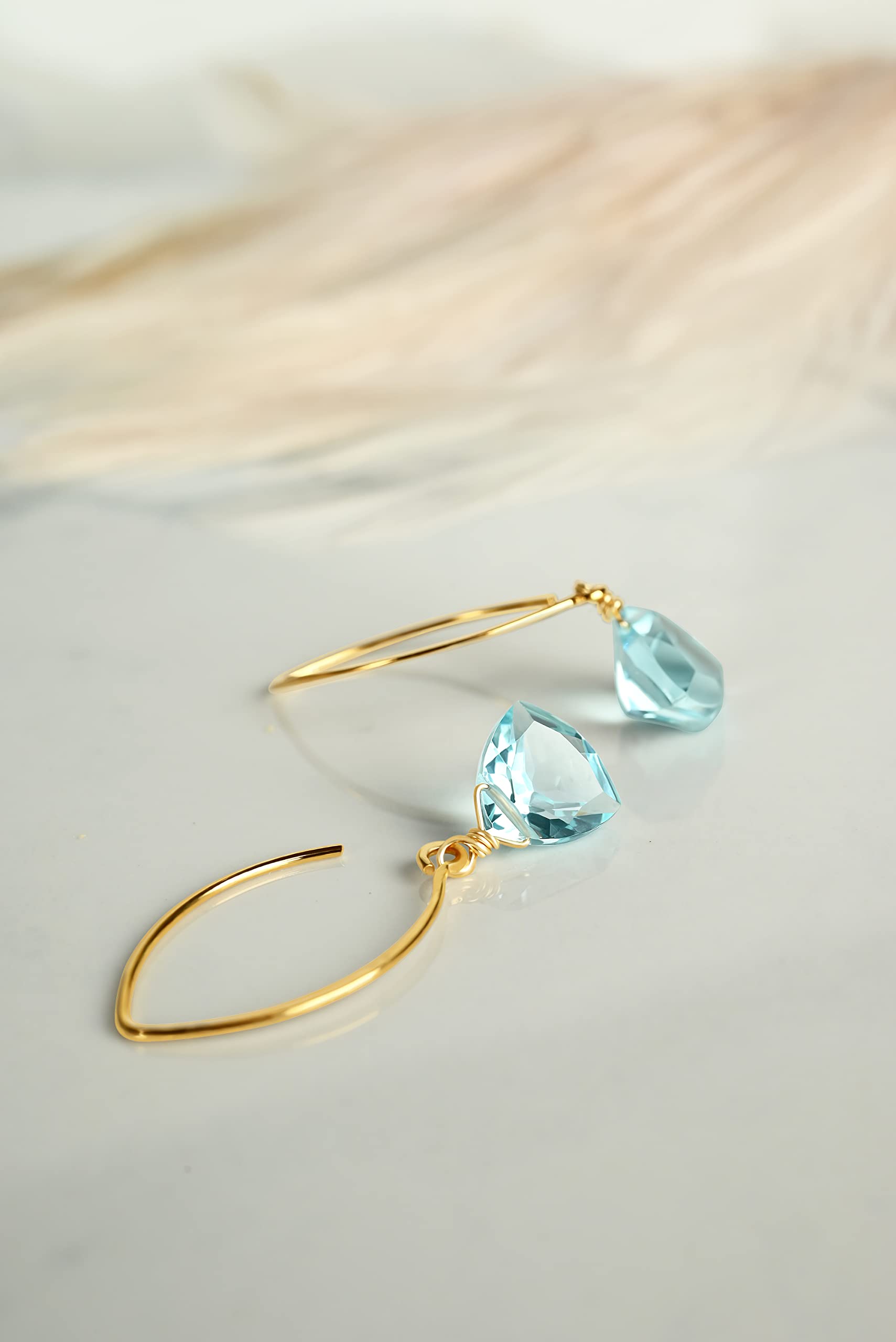 Aquamarine Blue Quartz Trillion 14k Gold Plated Sterling Silver Earrings