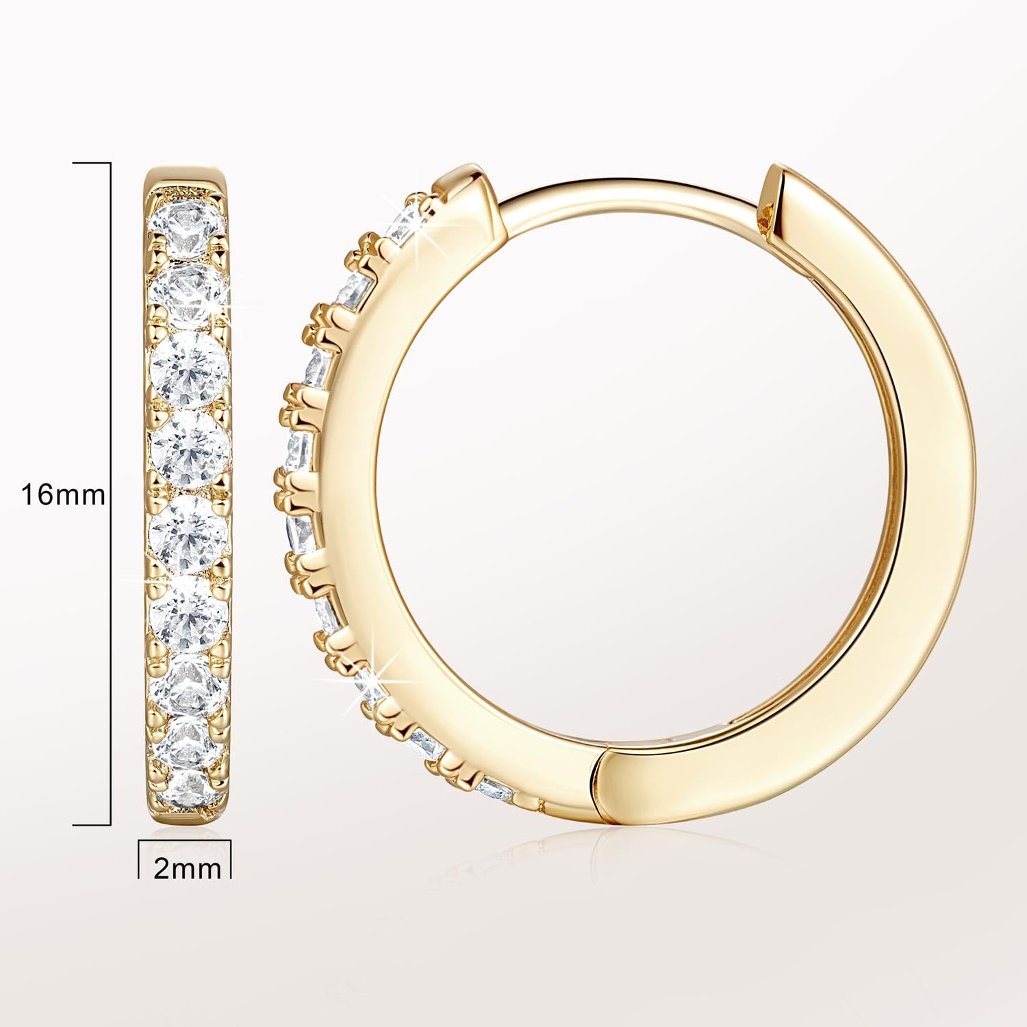 NEARLAND 14K Gold Huggie Hoop Earrings for Women 14K Gold Earrings Small Gold Hoop Earrings Gold Diamond Hoop Earrings for Women with Round Cubic Zirconia,12mm 14mm 16mm (16mm)