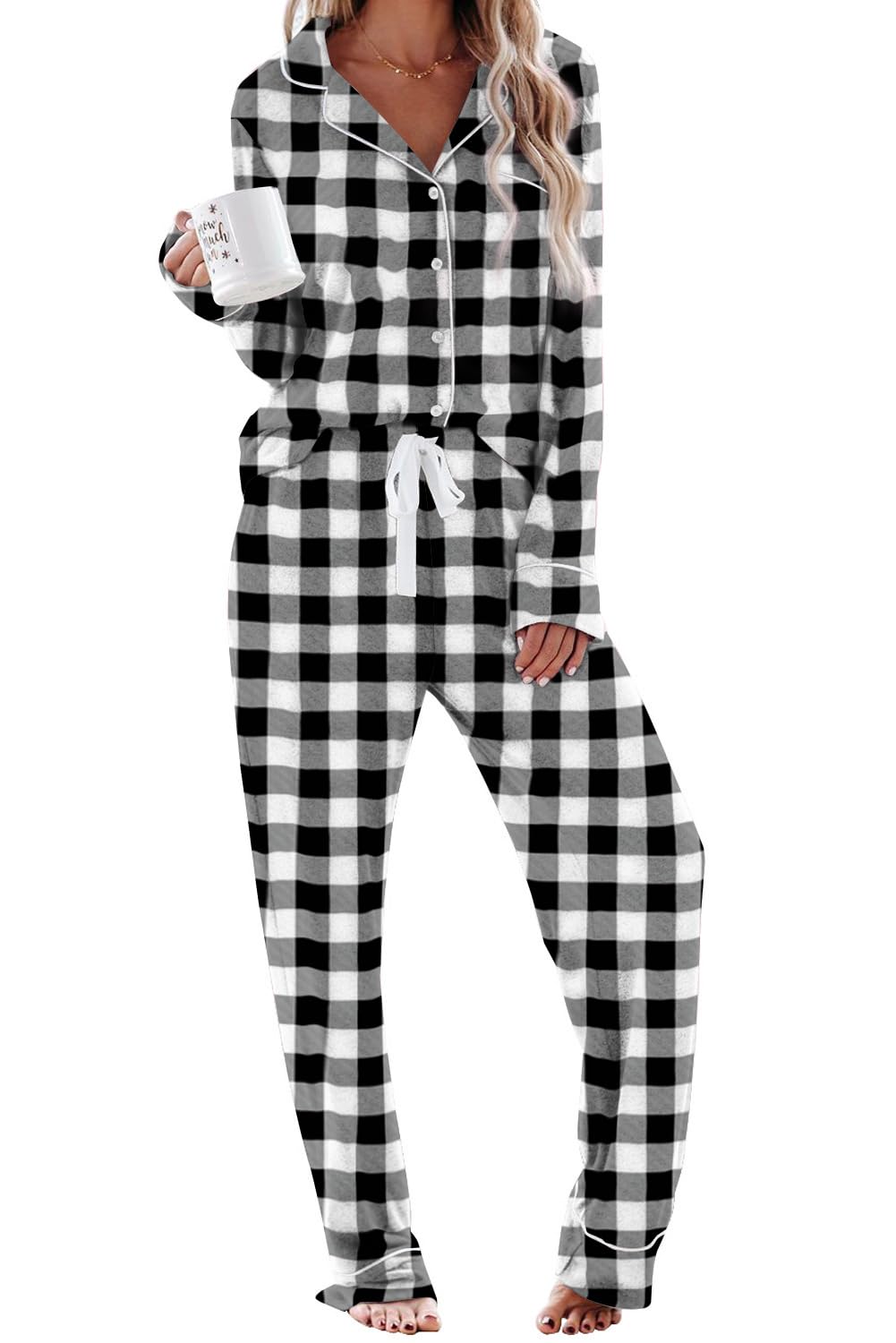 Aamikast Pajama Sets for Women Soft Button Up Christmas Pjs Matching Sets (Plaid Black L)