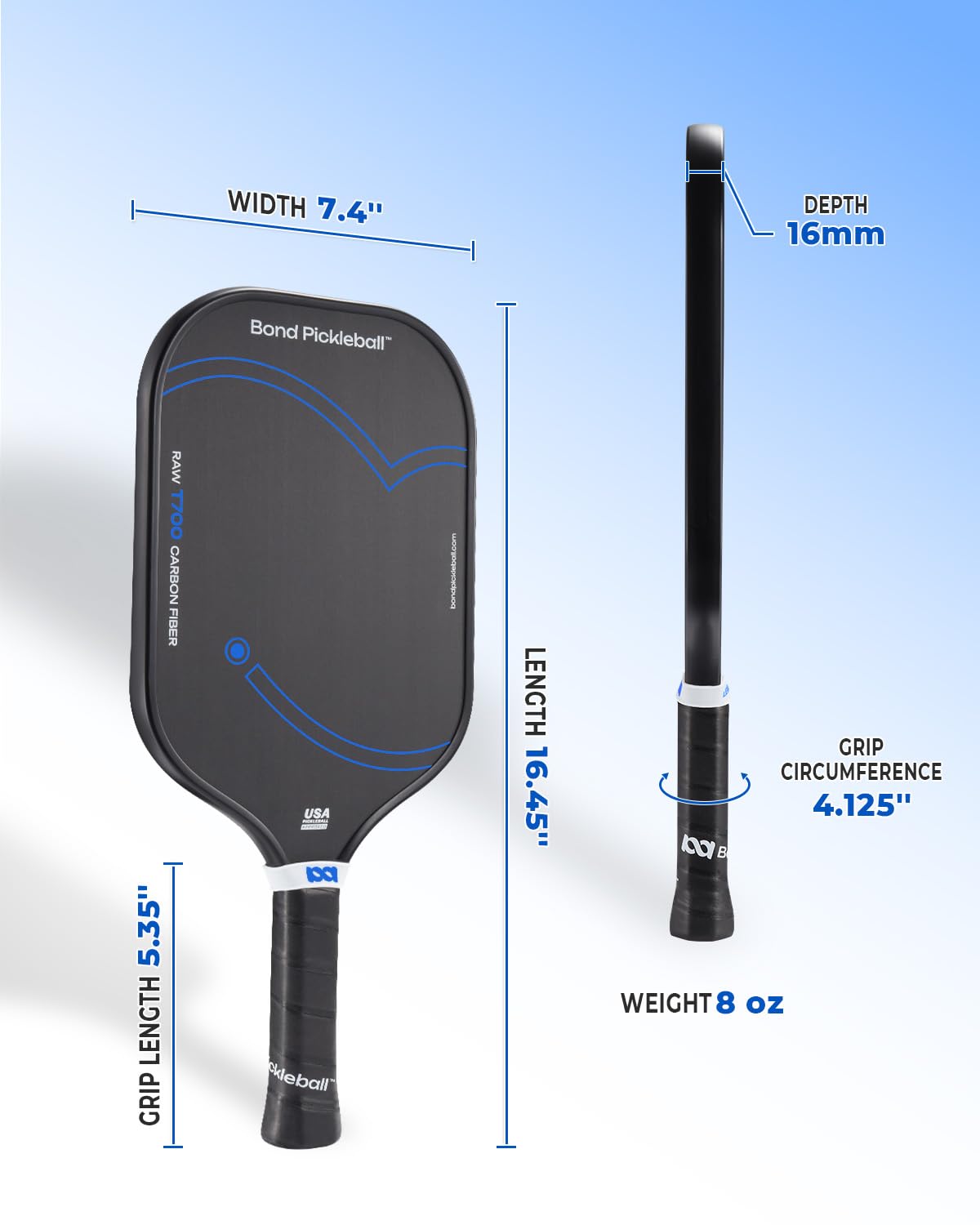 Pioneer Neo 16mm Pickleball Paddle, Raw T700 Carbon Fiber Pickleball Racket USAPA Approved for Tournament Play with Paddle Cover, Polypropylene Honeycomb Core Power & Control, Black/Blue