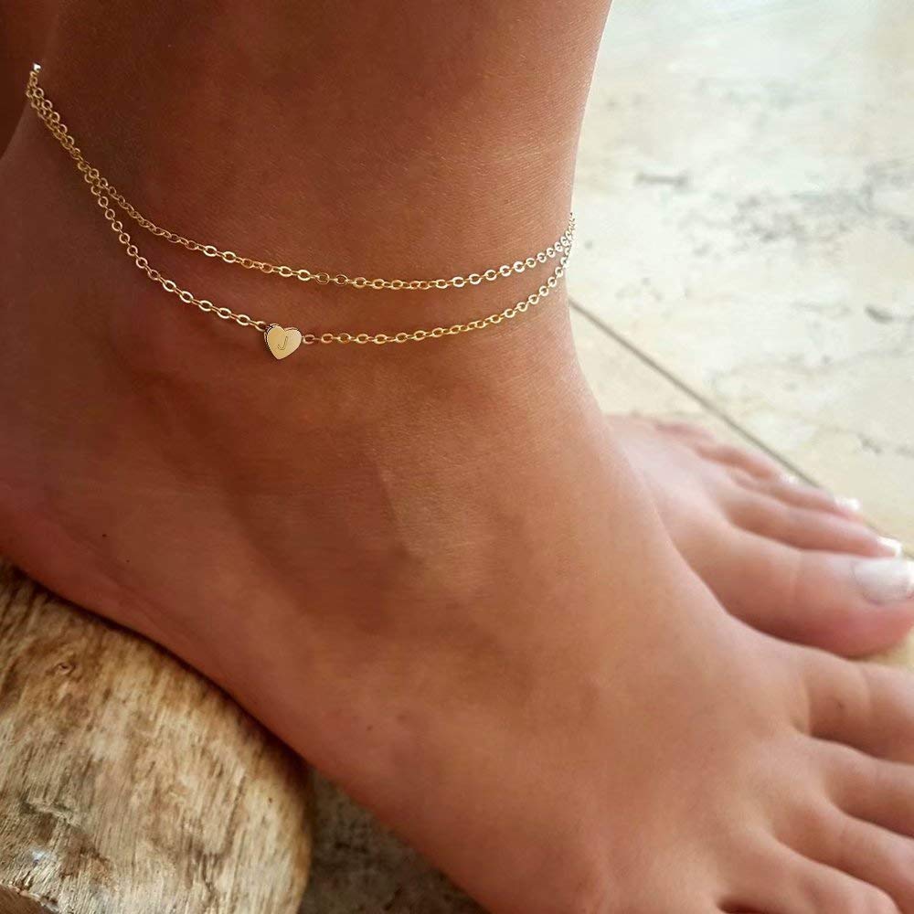 Turandoss Ankle Bracelets for Women with Initial, 14K Gold Filled Handmade Dainty Layered Anklet Letter Initial Heart Ankle Bracelets for Women Beach Jewelry Gifts Anklet with Initials I