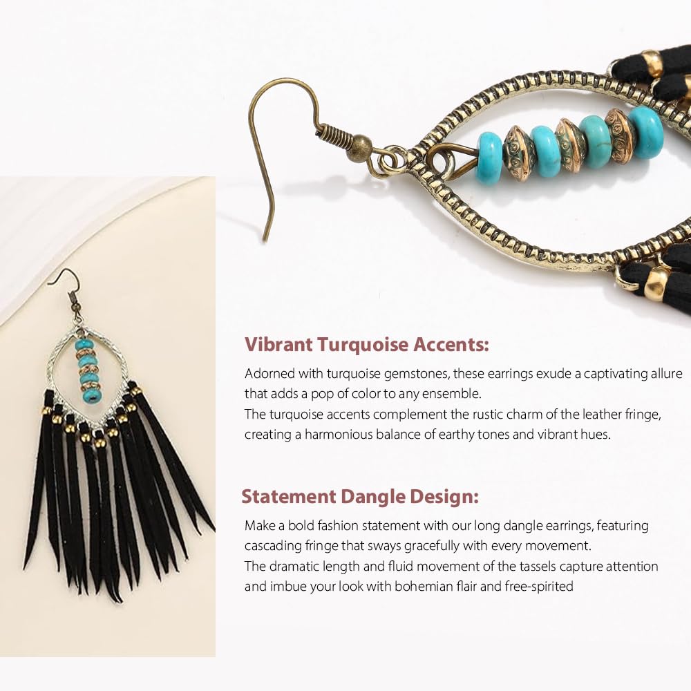 WZJLY 1 Pair of Zinc Alloy Turquoise Copper Beads Bohemian Pure Handmade Tassel Earrings (Black)