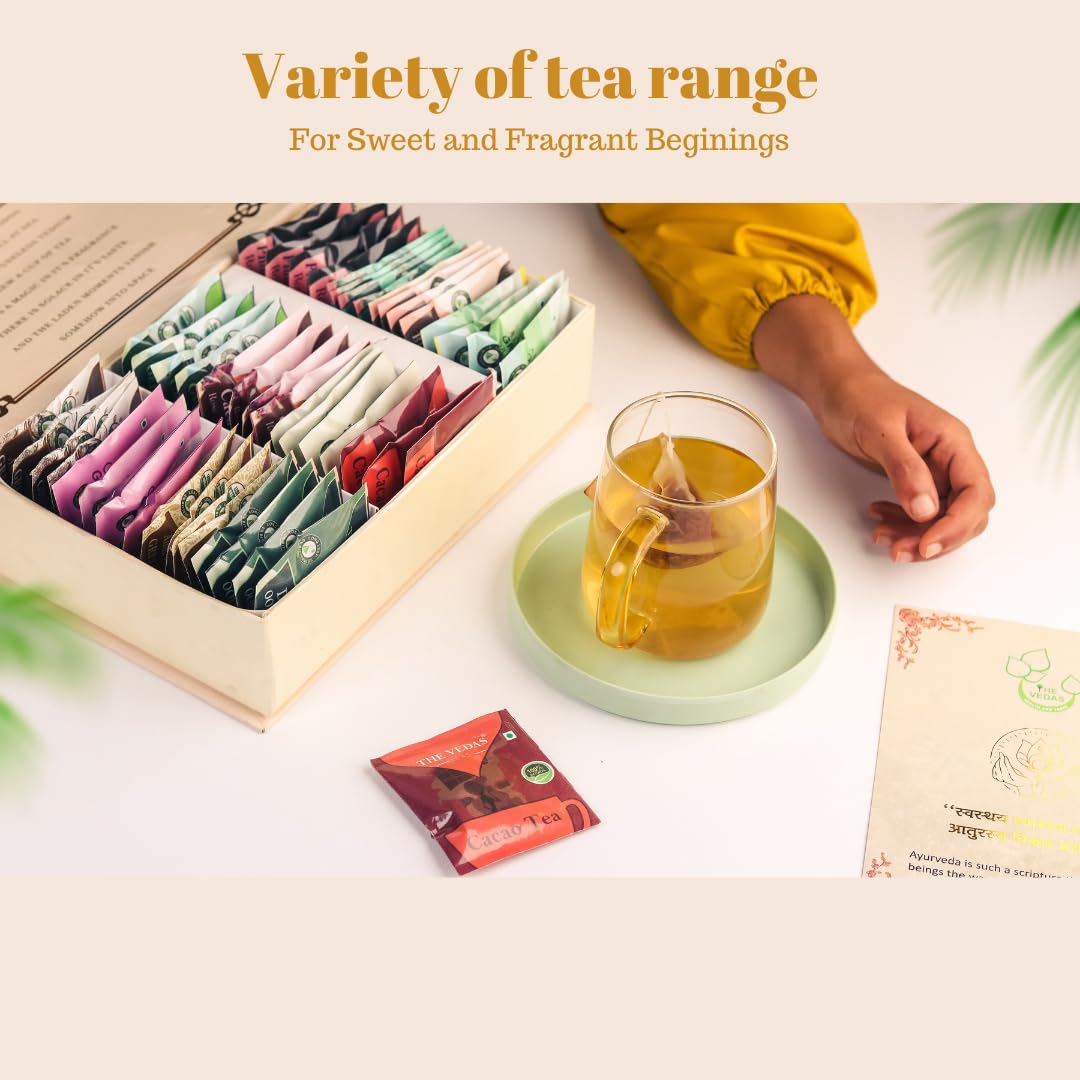 The Vedas Book of Tea Collection | Assorted Tea Bags | Mother's Day Gift Set | 12 Exotic Herbal Blends | 4 Units Each, Total 48 | Best for Corporate Gifting | Gift Hamper