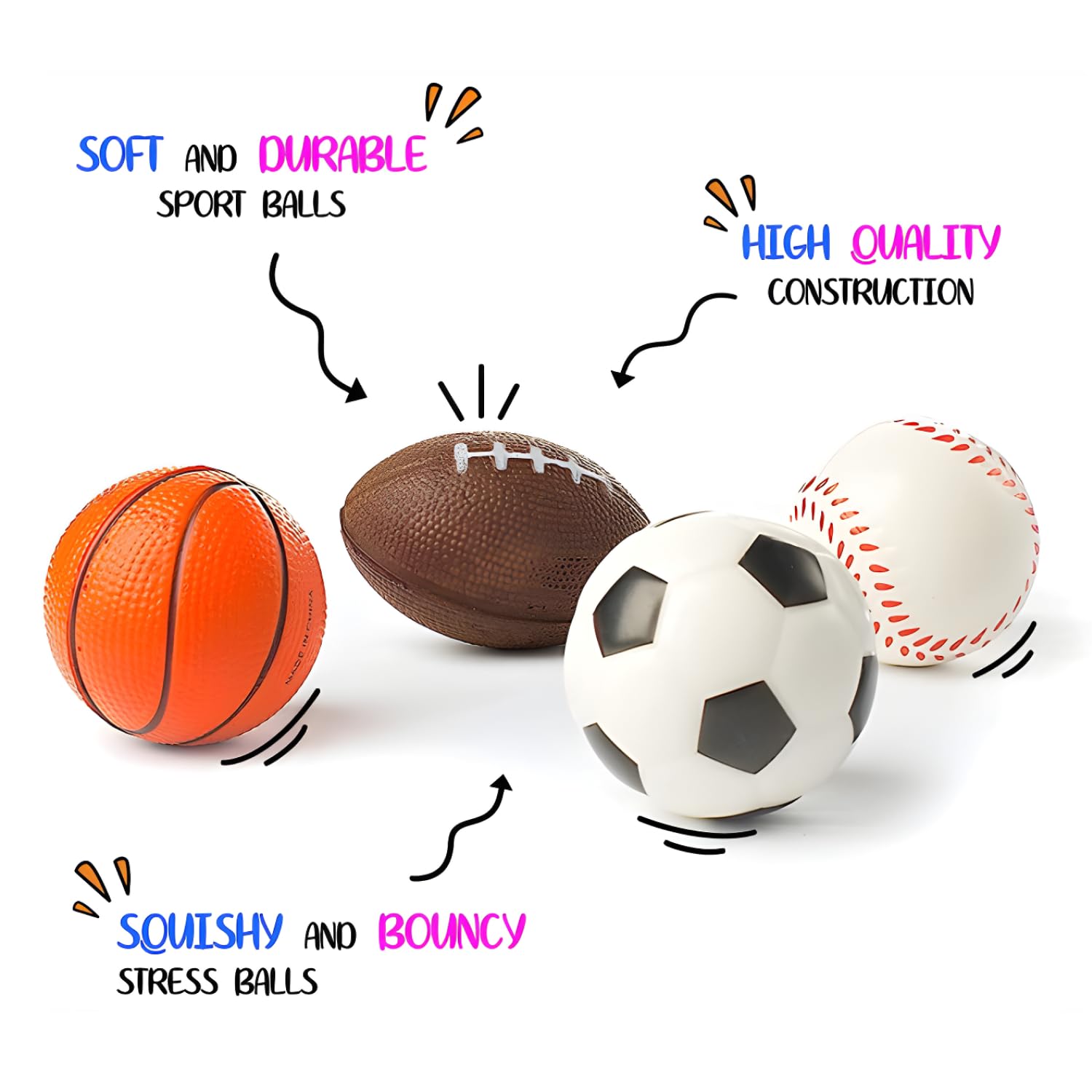 Set of 24 Sports 2.5" Stress Balls - Includes Soccer Ball, Basketball, Football, Baseball Squeeze Balls for Stress Relief, Party Favors, Ball Games and Prizes, Stocking Stuffers - Bulk 2 Dozen Balls