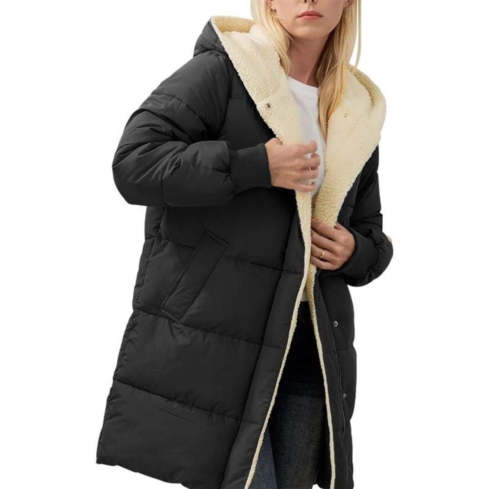 Women Coats Winter Womens Winter Long Down Coats Teddy Fleece Lined Jacket Plus Size Warm Down Thicken Hooded Windproof Quilted Puffer Jackets Womens Coat