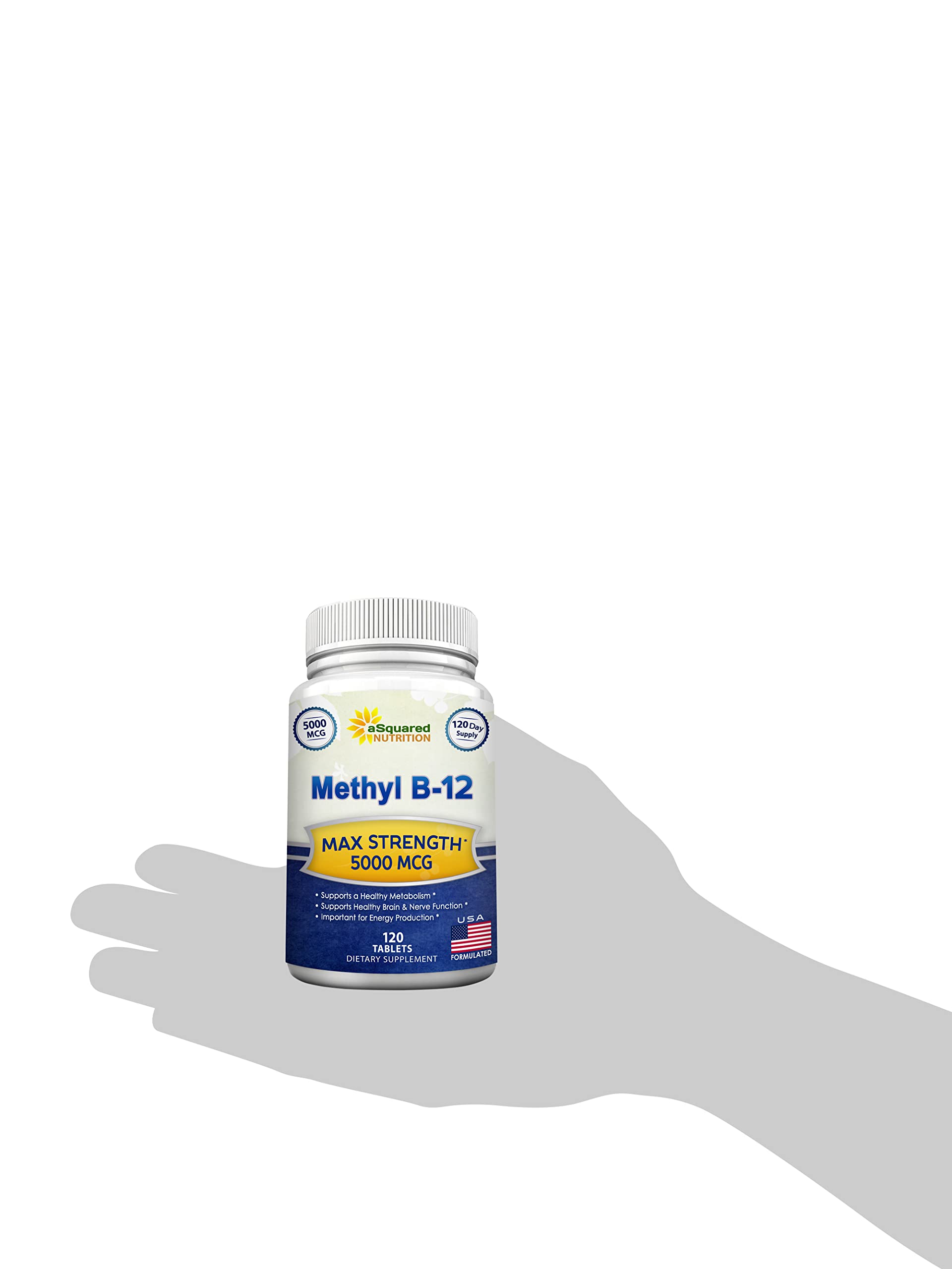 aSquared Nutrition Vitamin B12-5000 MCG Supplement with Methylcobalamin (Methyl B-12) - Max Strength Vitamin B 12 Support to Help Boost Natural Energy, Benefit Brain & Heart Function - 120 Tablets