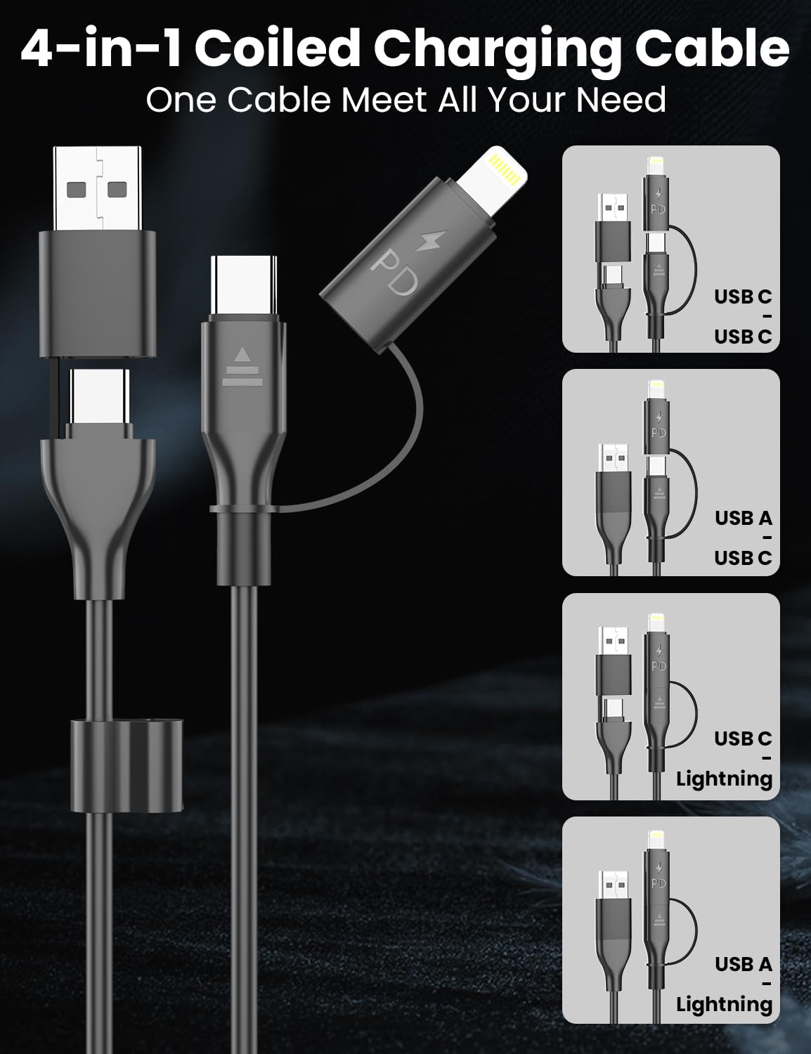 Coiled USB-C and Lightning Cable 2-in-1, 3FT i-Phone 15 Car Charger Cord, 60W Fast Charging Cable for i-Phone 15, Samsung Galaxy, Google Pixel, Supports Apple CarPlay & Android Auto (Black)