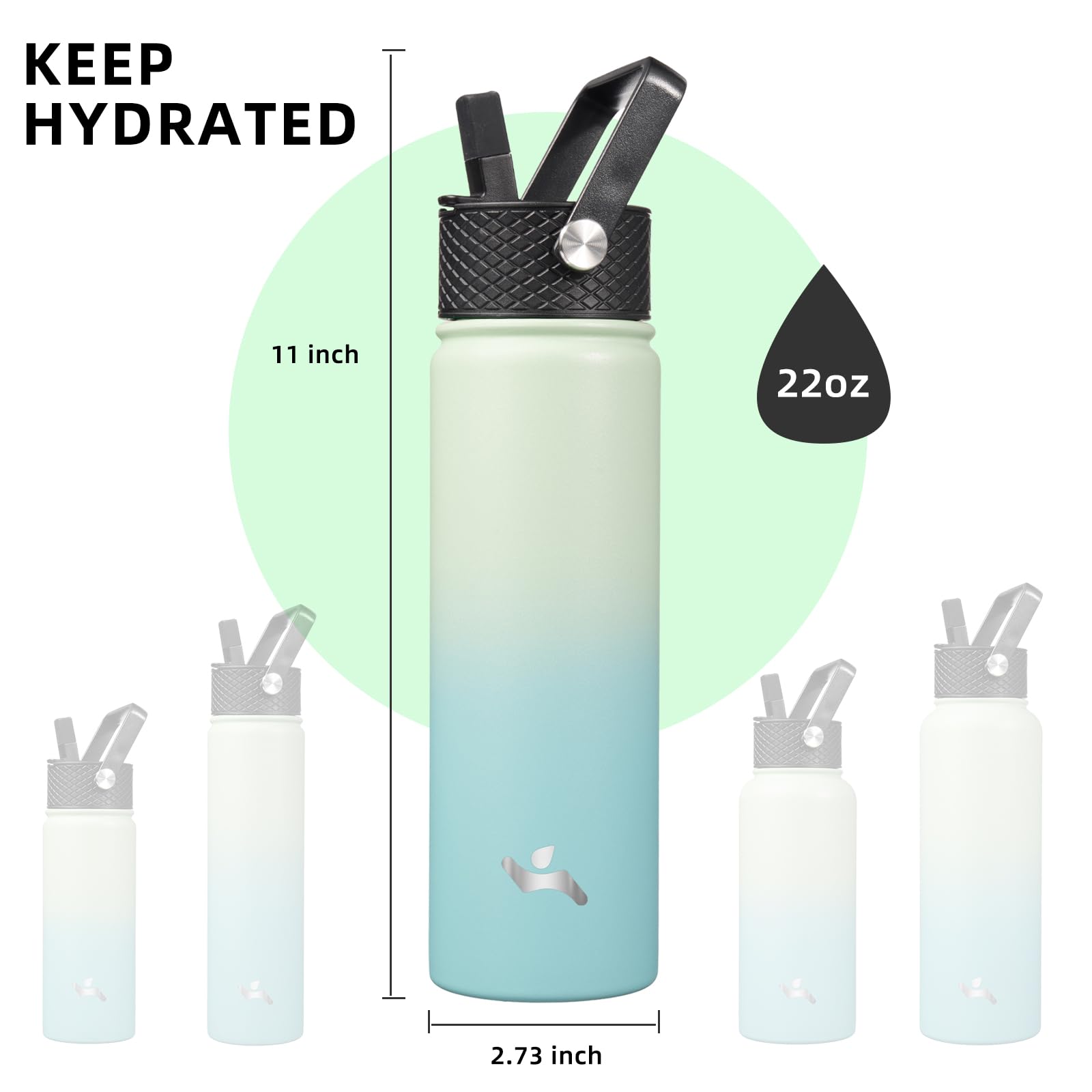 Konokyo Insulated Water Bottle with Straw,22 oz 3 Lids Metal Bottles Stainless Steel Water Flask,Mint