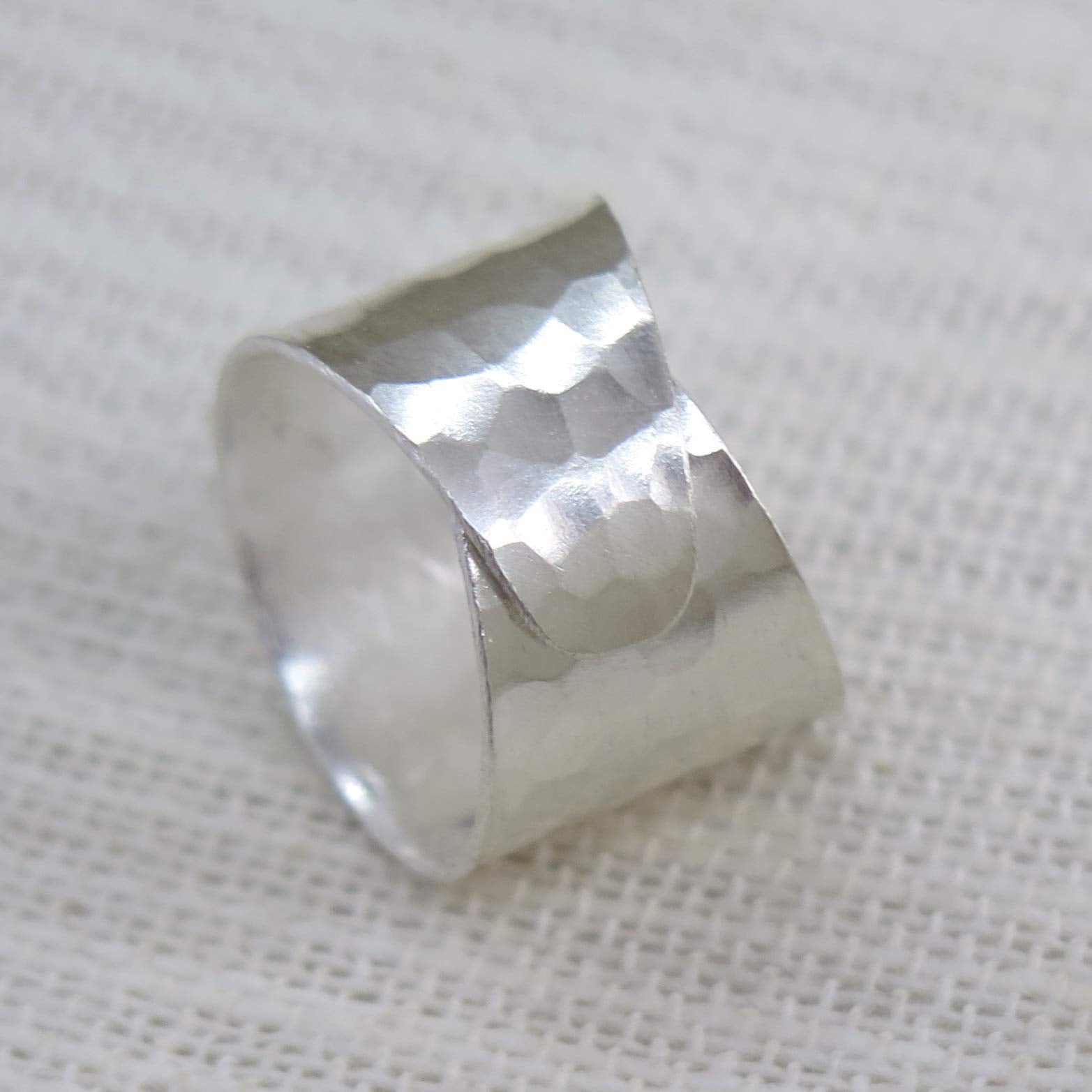 Hammered Sterling Silver Handmade Wide Band Ring, Classic Shiny Finish Flat Wrap Band, Adjustable to Sizes 6-12, Can fit Also as Thumb ring, Gift for Her