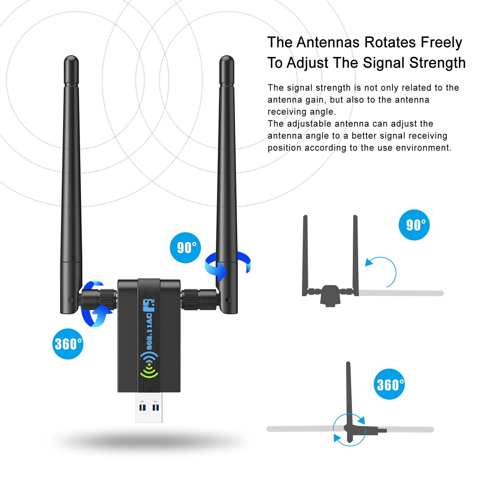 Wireless USB WiFi Adapter for PC: 1300Mbps WiFi USB, 802.11AC WiFi Adapter for Desktop PC, Dual Band WiFi Dongle Wireless Adapter for Windows11/10/8/7/Vista/XP, USB Computer Network Adapters