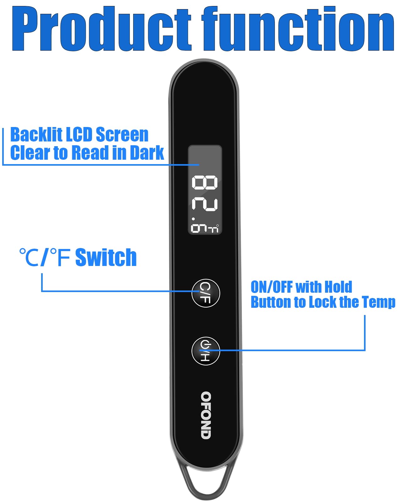 Digital Meat Thermometer for Grilling and Cooking,OFOND Instant Read Food Thermometer with AAA Battery,Backlight LCD,Folding Accurate Probe for Kitchen Outdoor BBQ,Store by Magnet and Hook