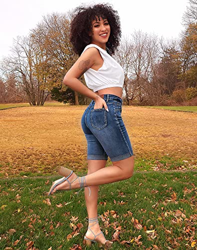 roswear Womens Mid Rise Roll Cuff Bermuda Stretch Denim Jean Shorts 104Blue Small