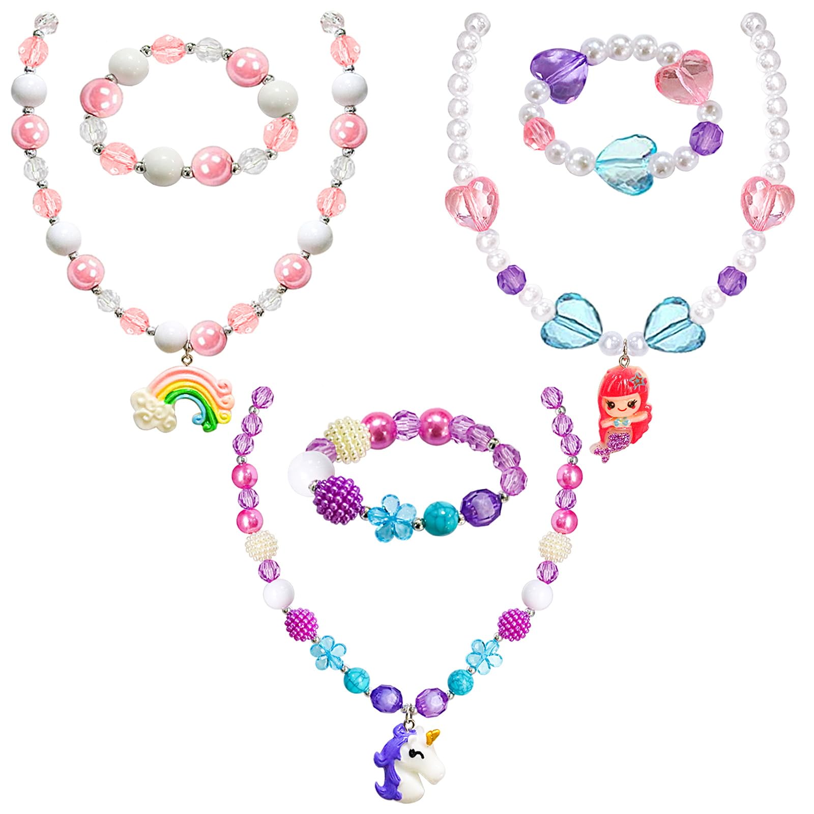 Newmemo Beads Necklace and Bracelet for Kids 6PCS Play Jewelry for Little Girls Princess Unicorn Mermaid Rainbow Pendant for Toddler Christmas Birthday Party Favors Cosplay