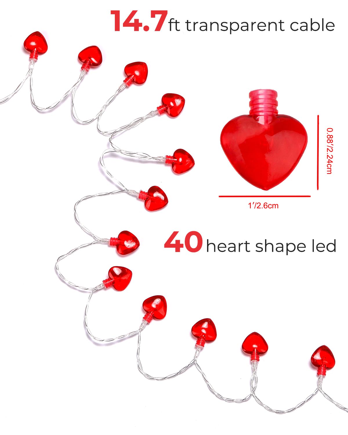Luditek 14.7ft 40LED Mothers Day Decorations String Lights, Battery Operated Heart Shape Hanging Garland Valentines Day Decor for Indoor Outdoor Home Room Party Wedding