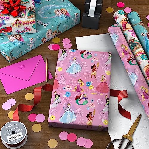 Hallmark Disney Princess and Frozen Wrapping Paper with Cutlines on Reverse (3 Rolls: 60 Square Feet Total) for Birthdays, Christmas, Valentine's Day