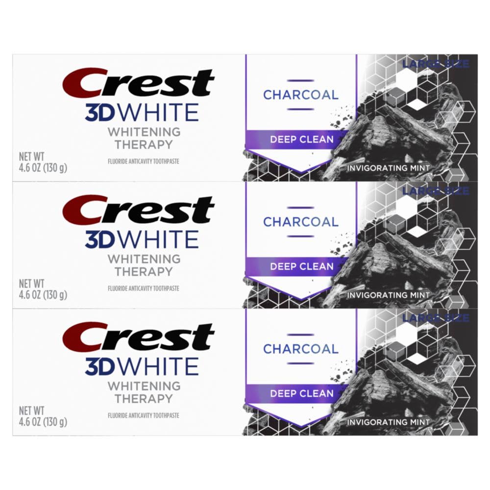 Crest 3D White Whitening Therapy Charcoal Deep Clean Invigorating Mint Teeth Whitening Toothpaste, 4.6 oz Pack of 3, Anticavity Fluoride Toothpaste, Gently Brightens Teeth, Strengthens Enamel