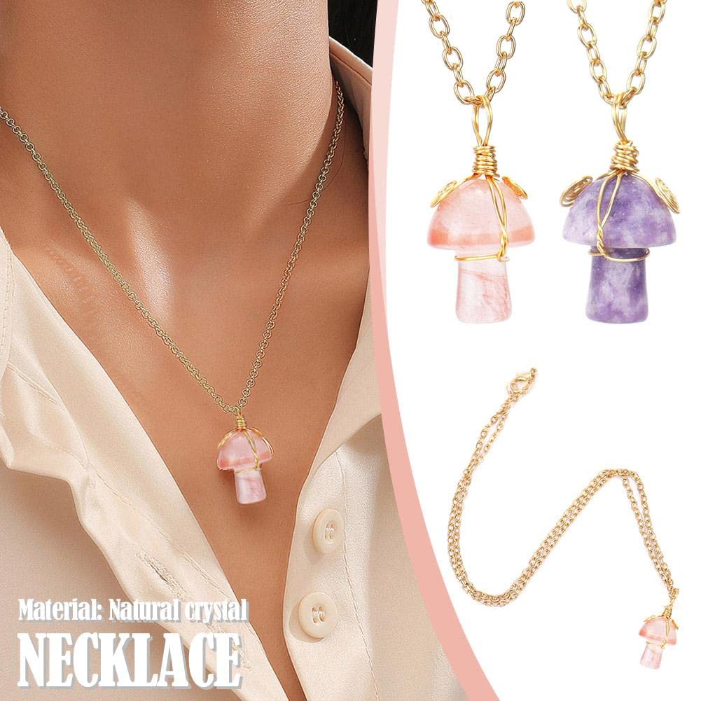 Rose Quartz Crystals Cute Mushroom Necklace for Women Teen Girls Trendy, Gold Plated Dainty Healing Chakra Preppy Necklaces Aesthetic