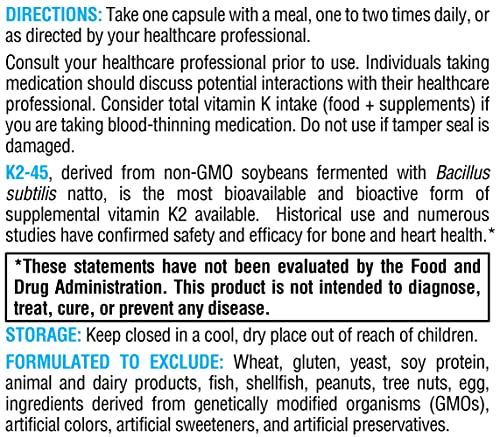 XYMOGEN K2-45 Vitamin K - Vitamin K2 MK-7 Derived from Non-GMO Soybeans - The Most Bioavailable Form of Vitamin K2 Supplement Available - Supports Cardiovascular + Bone Health (60 Capsules)