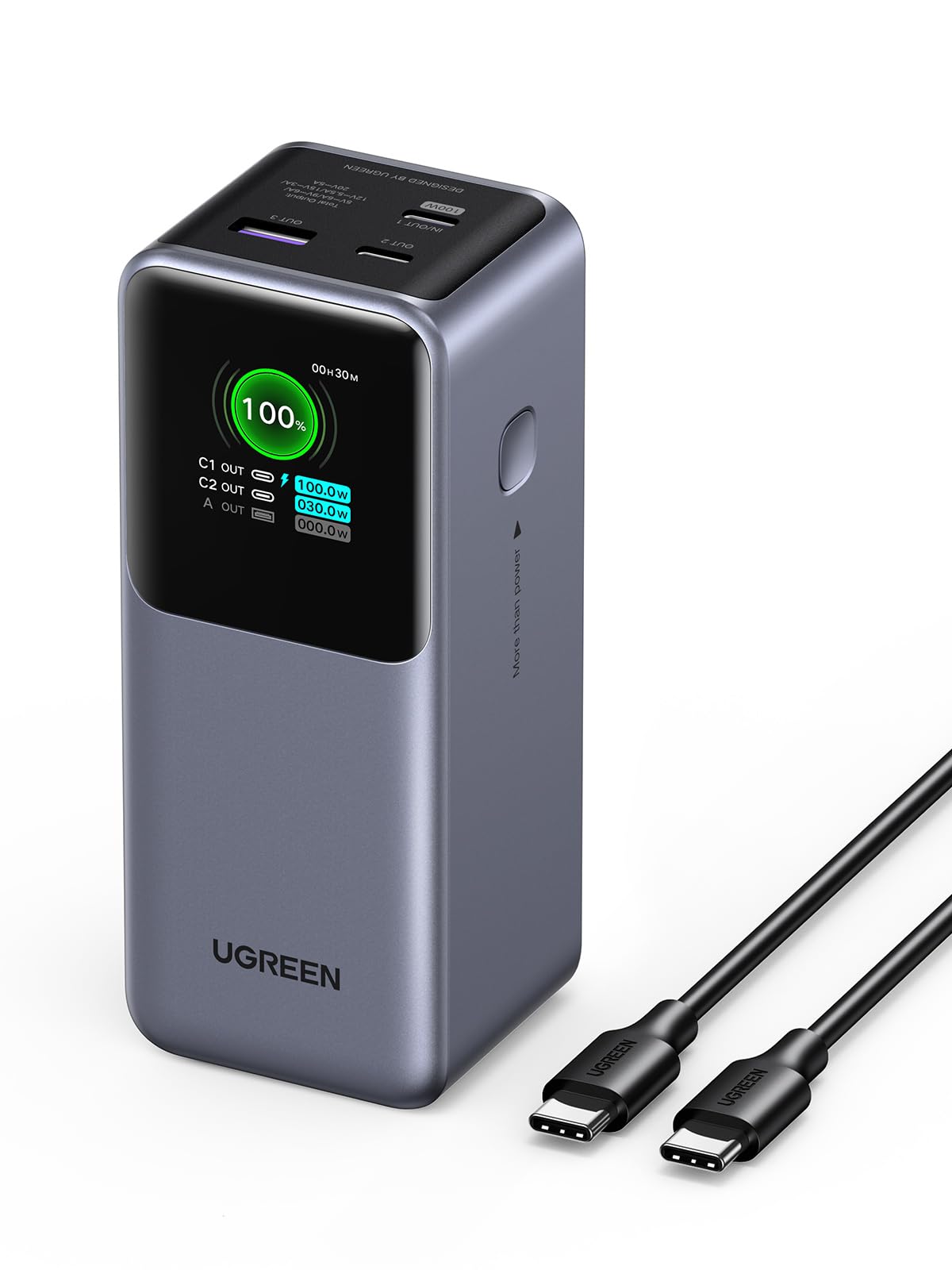 UGREEN Nexode Power Bank 20000mAh 130W Portable Charger 72Wh PD Fast Charging 3-Port USB C Battery Pack with TFT Smart Display for MacBook/ipad/iPhone 15/Samsung S24/Switch and More