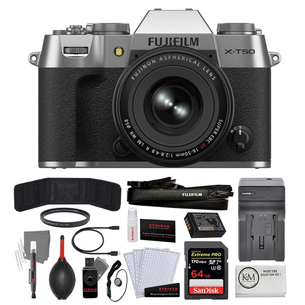 FUJIFILM X-T50 Mirrorless Camera with XF 16-50mm f/2.8-4.8 Lens | Silver Bundled with 64GB Memory Card + Battery Charger + UV Filter + Photo Starter Kit + Cleaning Cloth (6 Items)