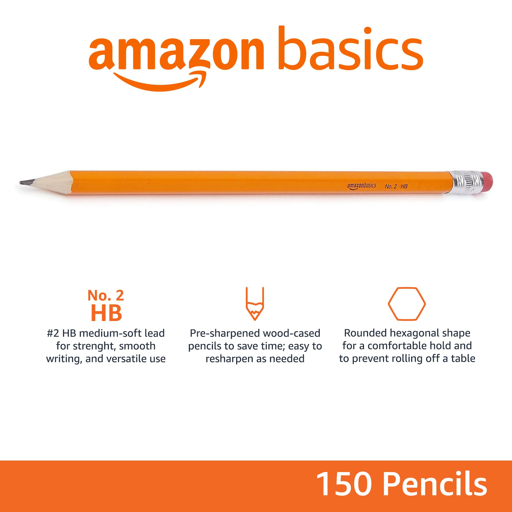 Amazon Basics Woodcased #2 Pencils, Pre-sharpened, HB Lead Bulk Box, 150 Count, Yellow