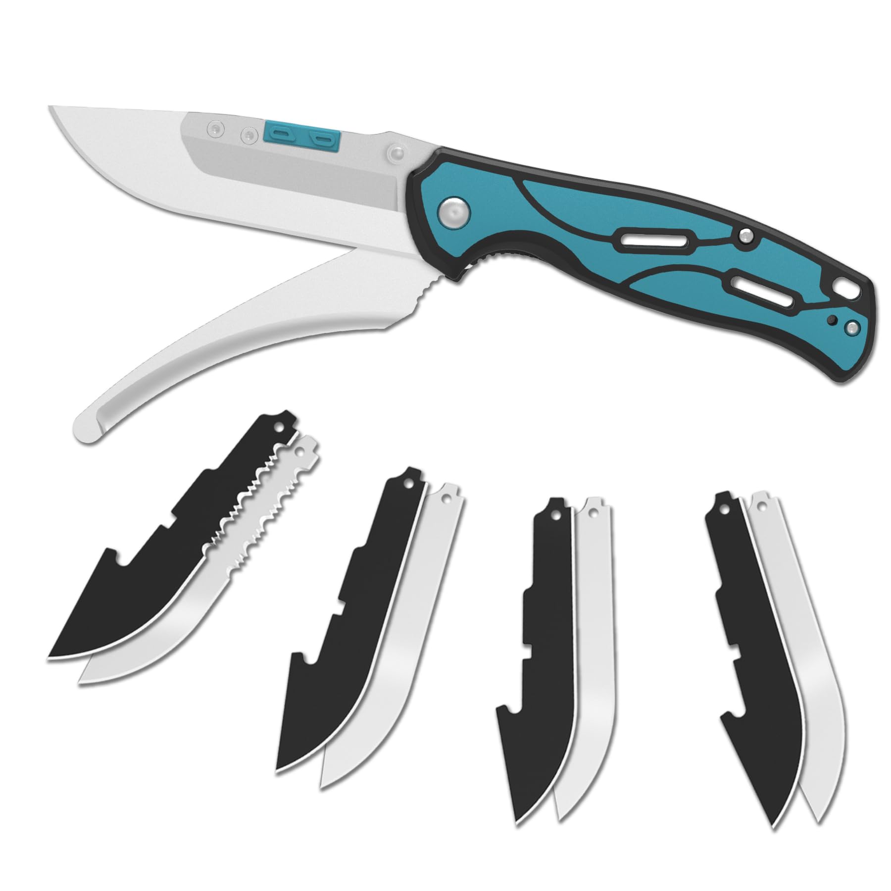 KNINE OUTDOORS Hunting Double Blade Pocket Knife with Replaceable Blades and Clip, Skinning and Gutting Knife, EDC for Deer Hunting, with 9 Blades (Blue)