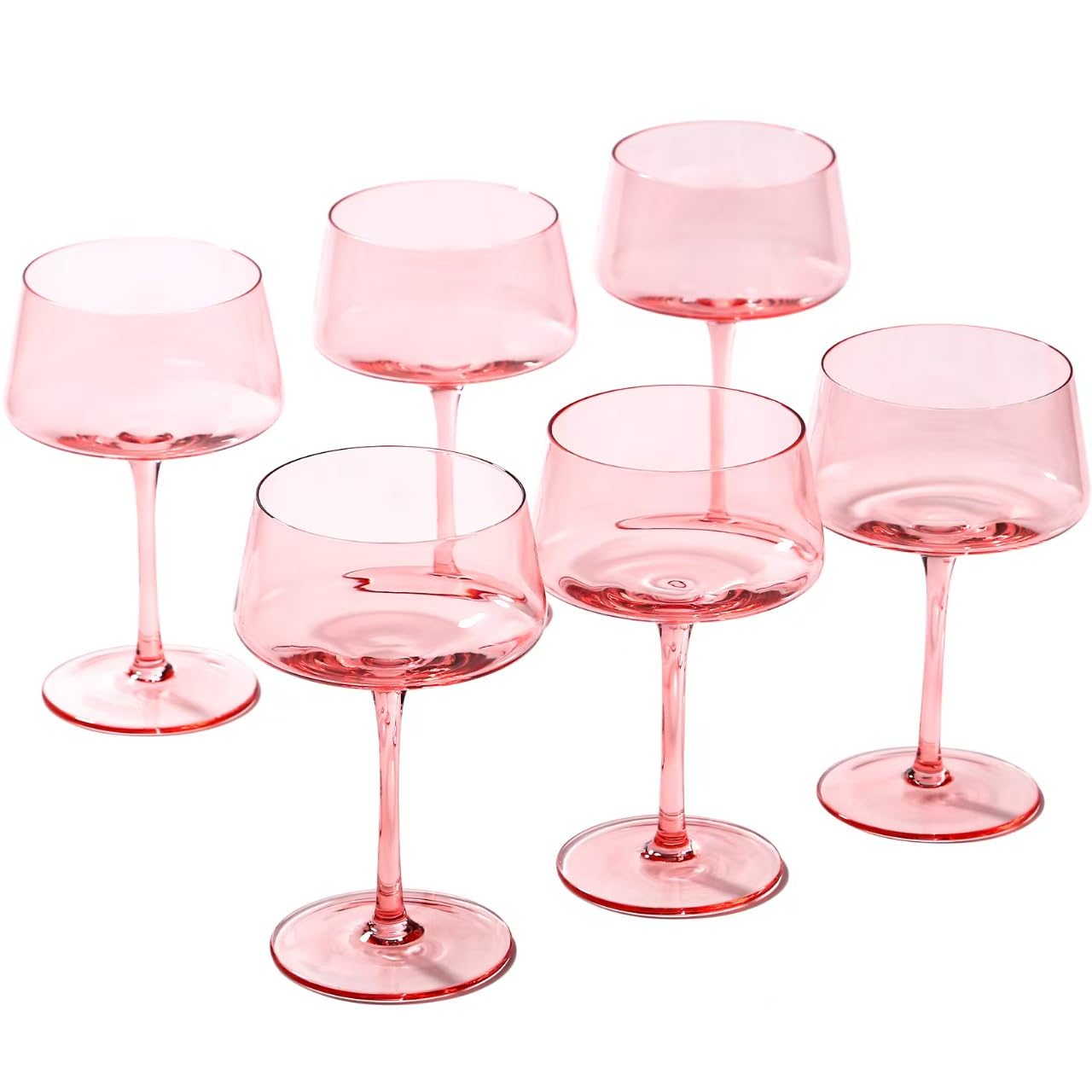 Pink Coupe Glasses Set of 6 - 13 oz Large Capacity Martini Glassware - Versatile Tall Cocktail Glasses- Hand-Blown Colored Champagne Coupe Glass-Art Deco Cocktail Glasses Set-Wedding,Christmas Gifts