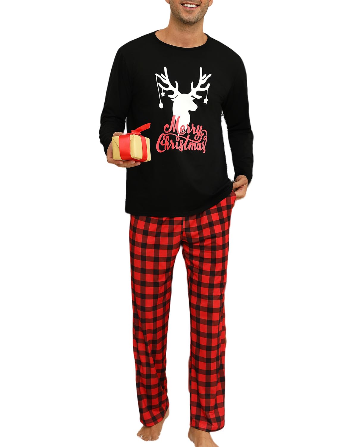 EISHOPEER Men Cotton Pajamas Set Long Sleeve Printed Sleepwear Loungewear with Pockets Black/Red Plaid X-Large