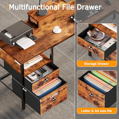 Furologee 66" L Shaped Computer Desk with Shelves, Reversible Corner Gaming Desk with File Drawer and Dual Monitor Stand, Large Home Office Desk Writing Study Table Workstation, Rustic Brown