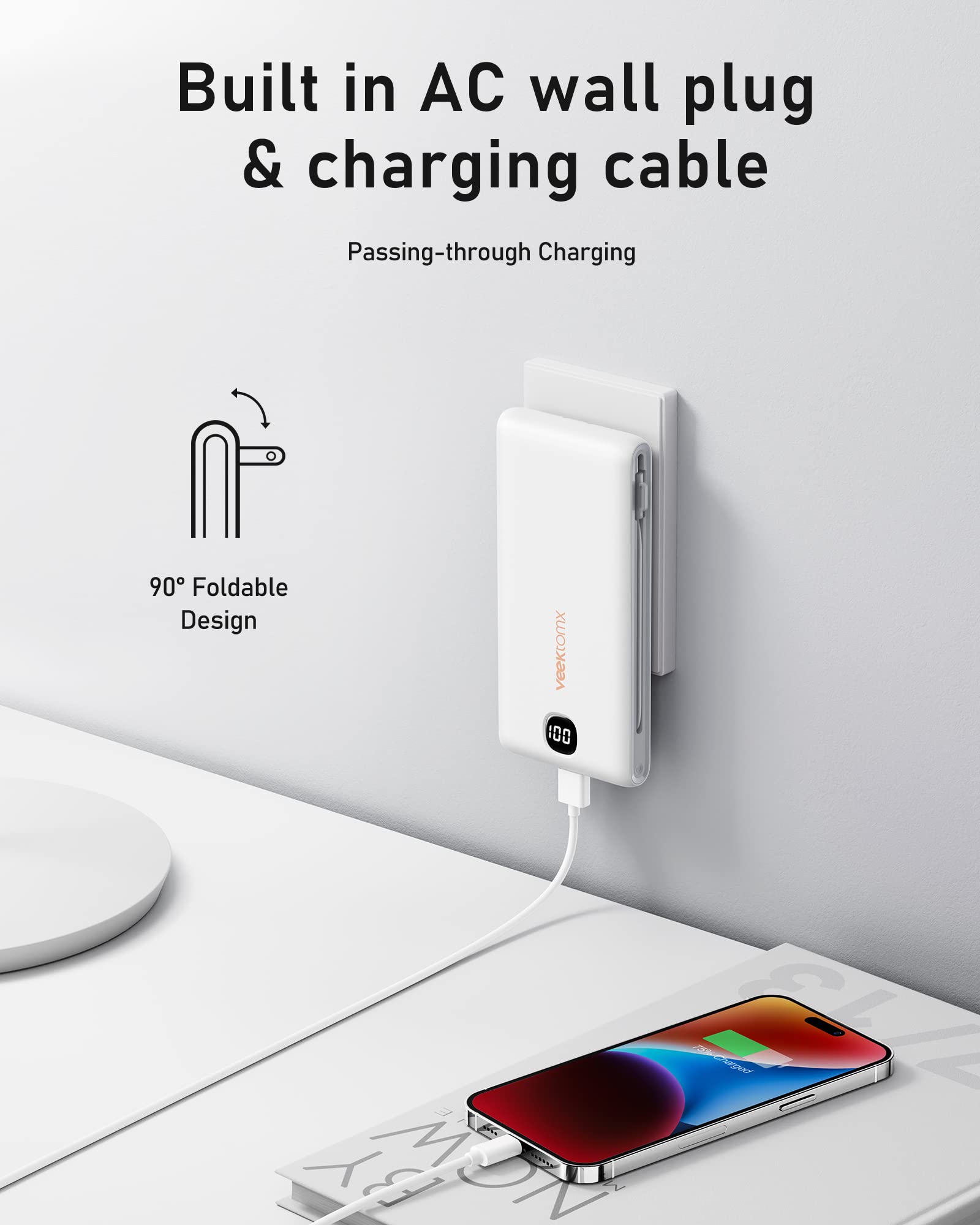 VEEKTOMX Portable Charger with Built in Cables 22.5W 10000mAh, Power Bank for iPhone with AC Wall Plug, Fast Charging USB C Slim Battery Pack with LED Display Compatible with iPhone15/14/13, Samsung