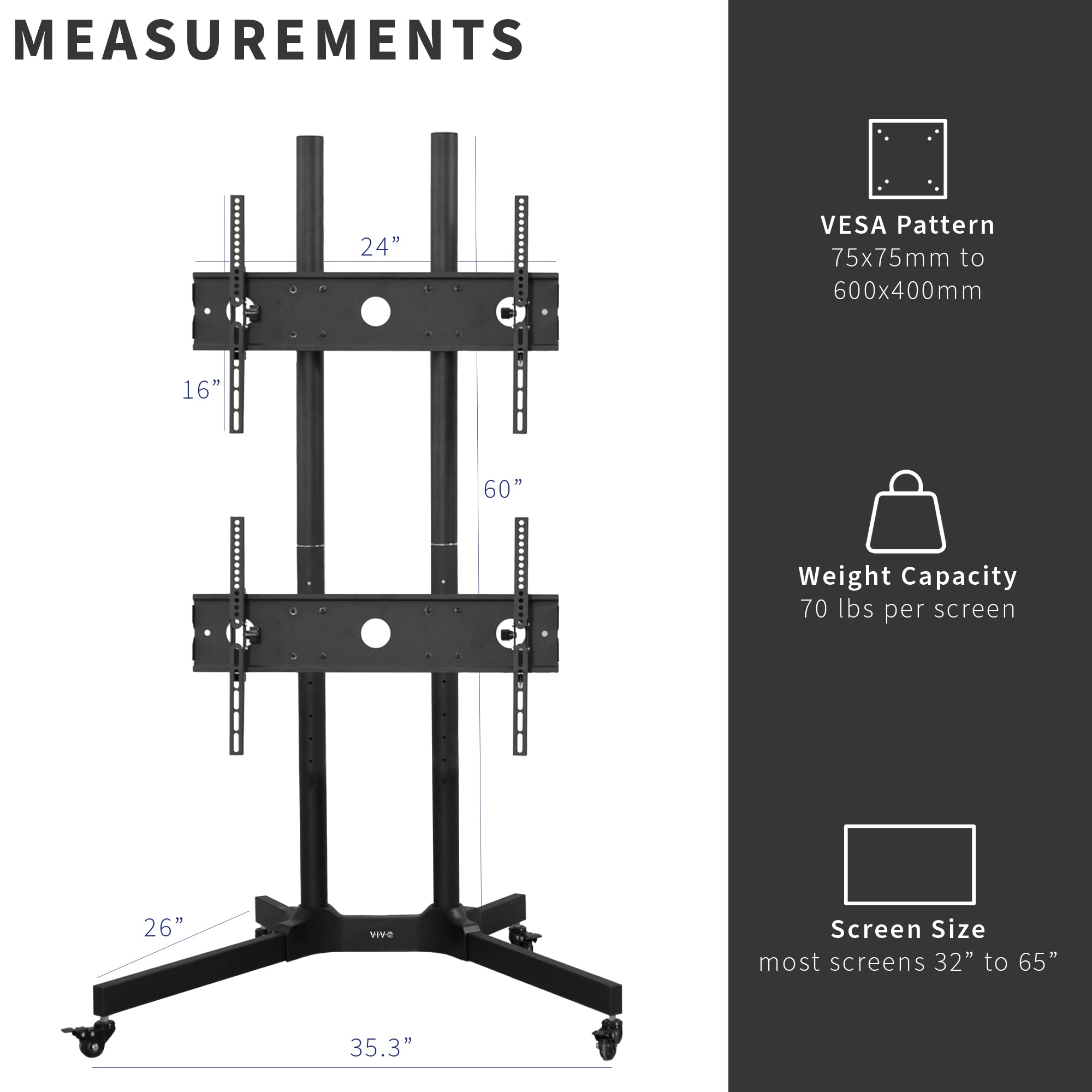 VIVO Mobile TV Cart for 32 to 65 inch Dual Screens up to 70 lbs Each, LCD LED OLED 4K Smart Flat and Curved Panels, Rolling Stand for 2 TV’s, Locking Wheels, Max VESA 600x400, Black, STAND-TV03E2