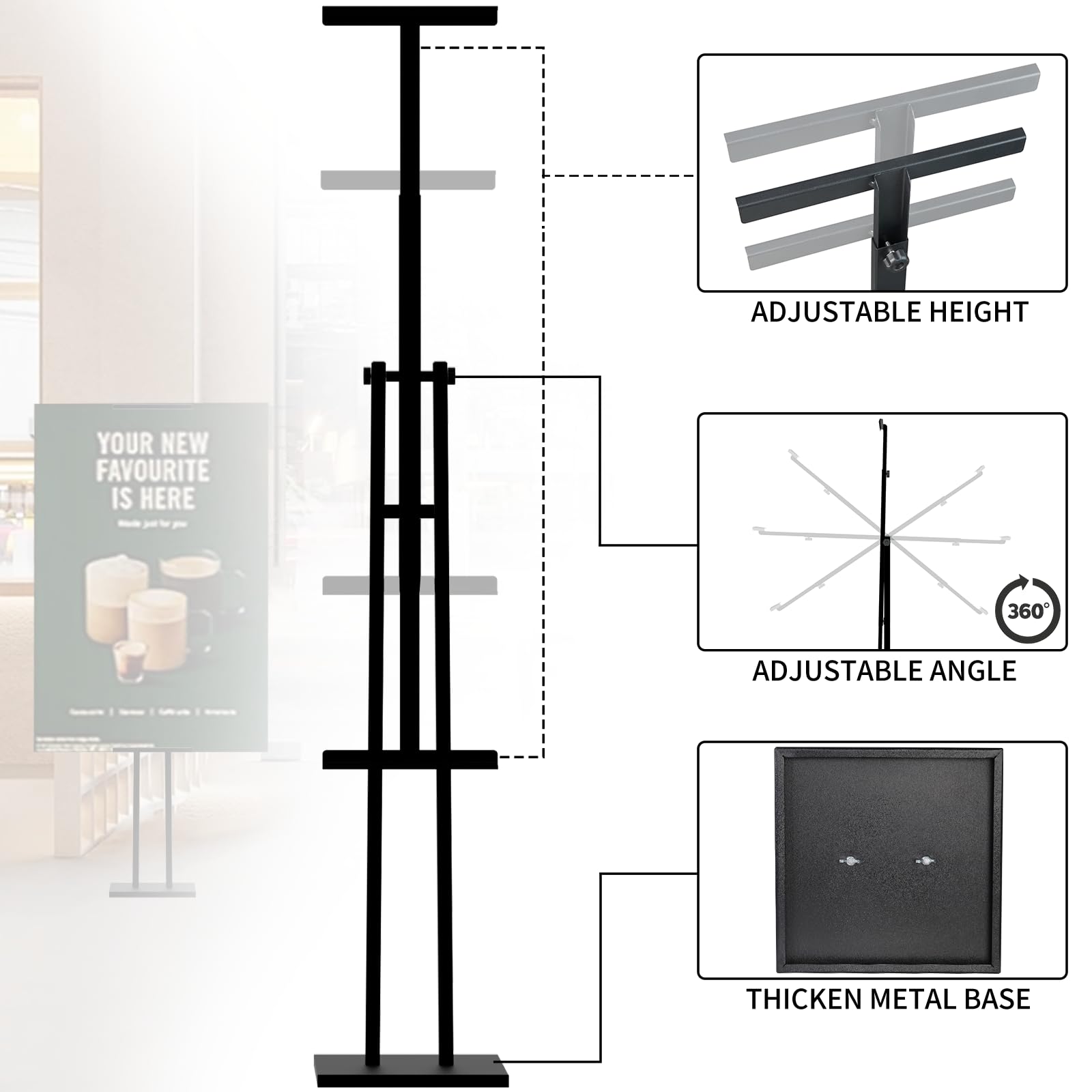 Heavy Duty Sign Stand, Metal Floor Standing Poster Stand, Retractable Height Poster Board Stand and 180° Rotation, Display Stands for Vendor Events, Black Foam Board Stand 2 Pack