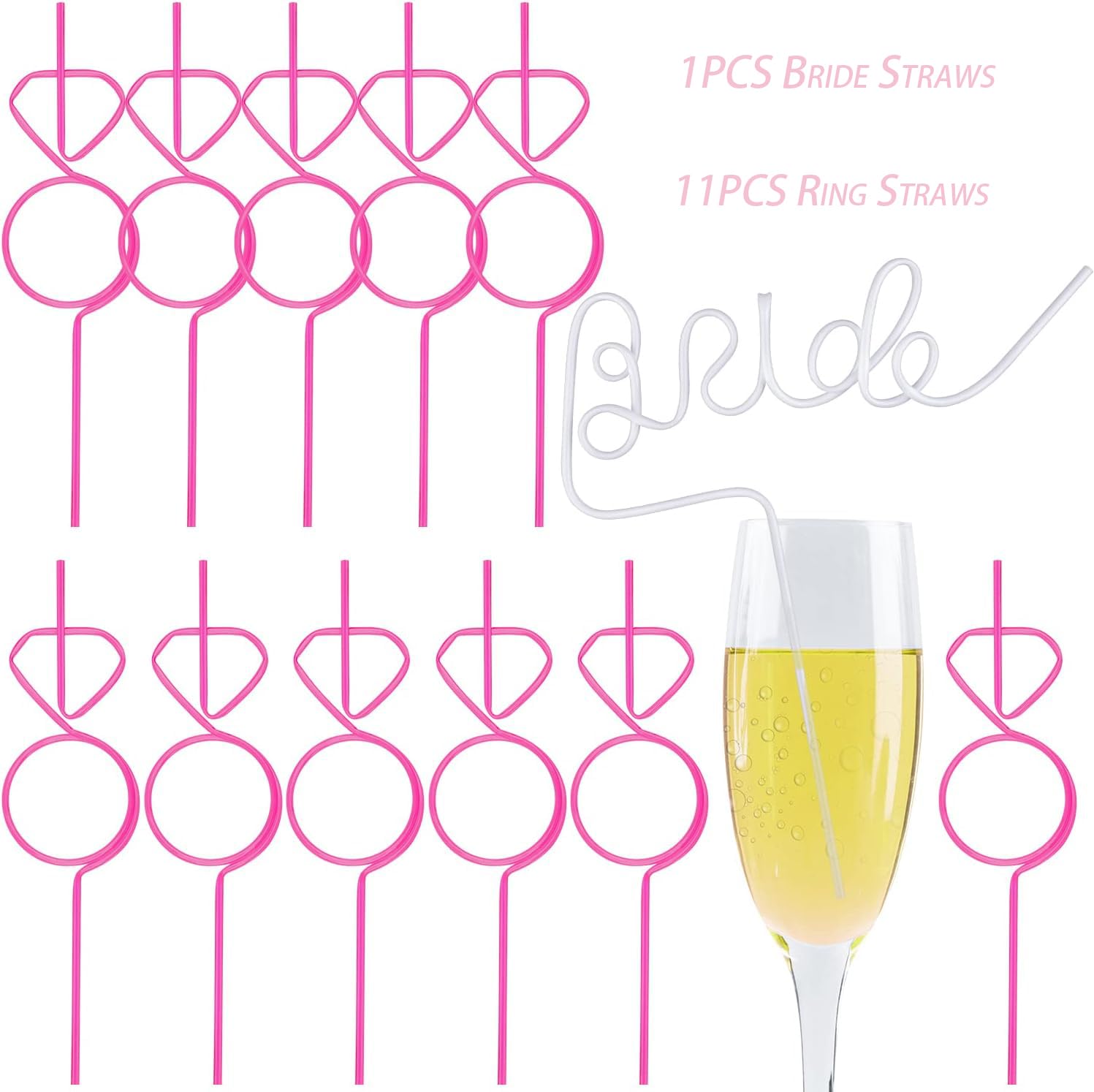 CHSLtmxq 12pcs Reusable Bachelorette Party Decoration Straws, Includes 1 White Large Bride Straw,11 Pink Diamond Ring Straws, Bride party Favors Bridal Shower Wedding Engagement 12.6‘’ With 2 Brushes