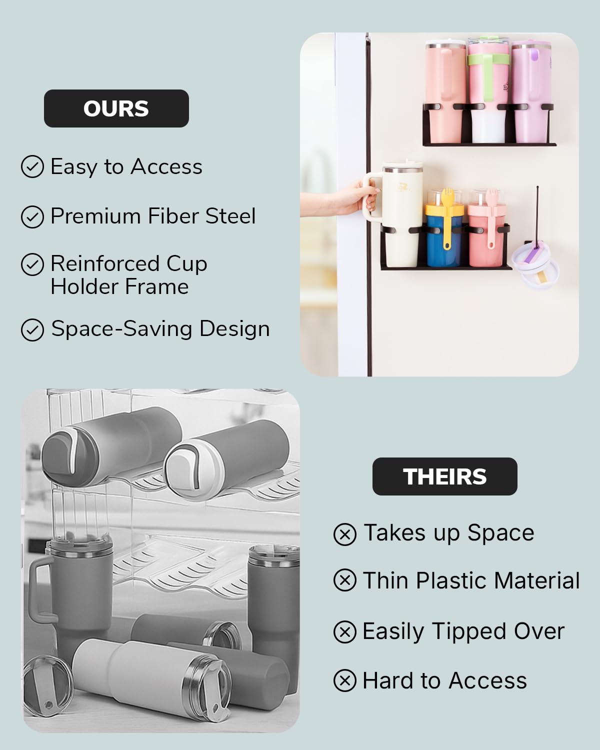 HAMARA Fiber Steel Magnetic Stanley Cup Holder for Fridge – 3-Pack Tumbler & Lid Organizer, Heavy-Duty Water Bottle Storage, Kitchen & Pantry Organizer for Stanley Cup Accessories (Black)