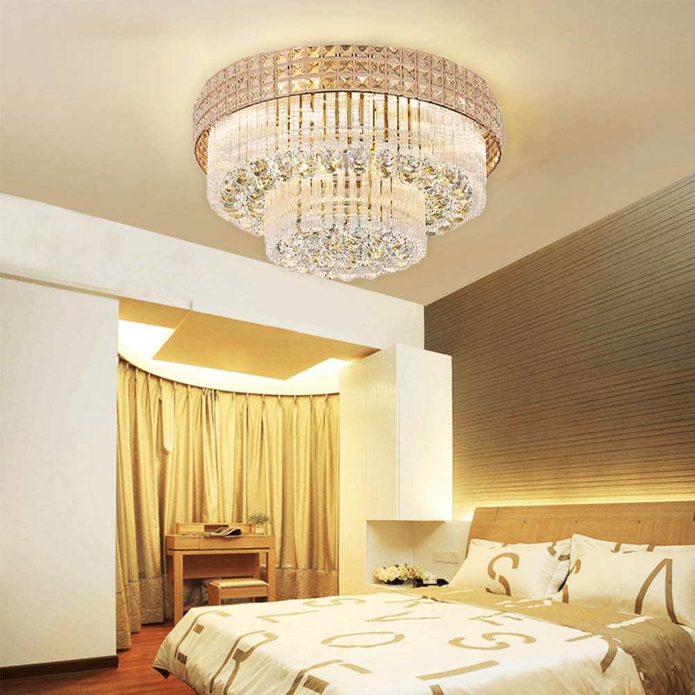 MORE CHANGE MoreChange 23.6inch Modern K9 Crystal Chandelier Luxury Ceiling Lamp Flush Mount LED Ceiling Light Fixture Pendant Lamp with Remote for Dining Room Bathroom Bedroom Livingroom