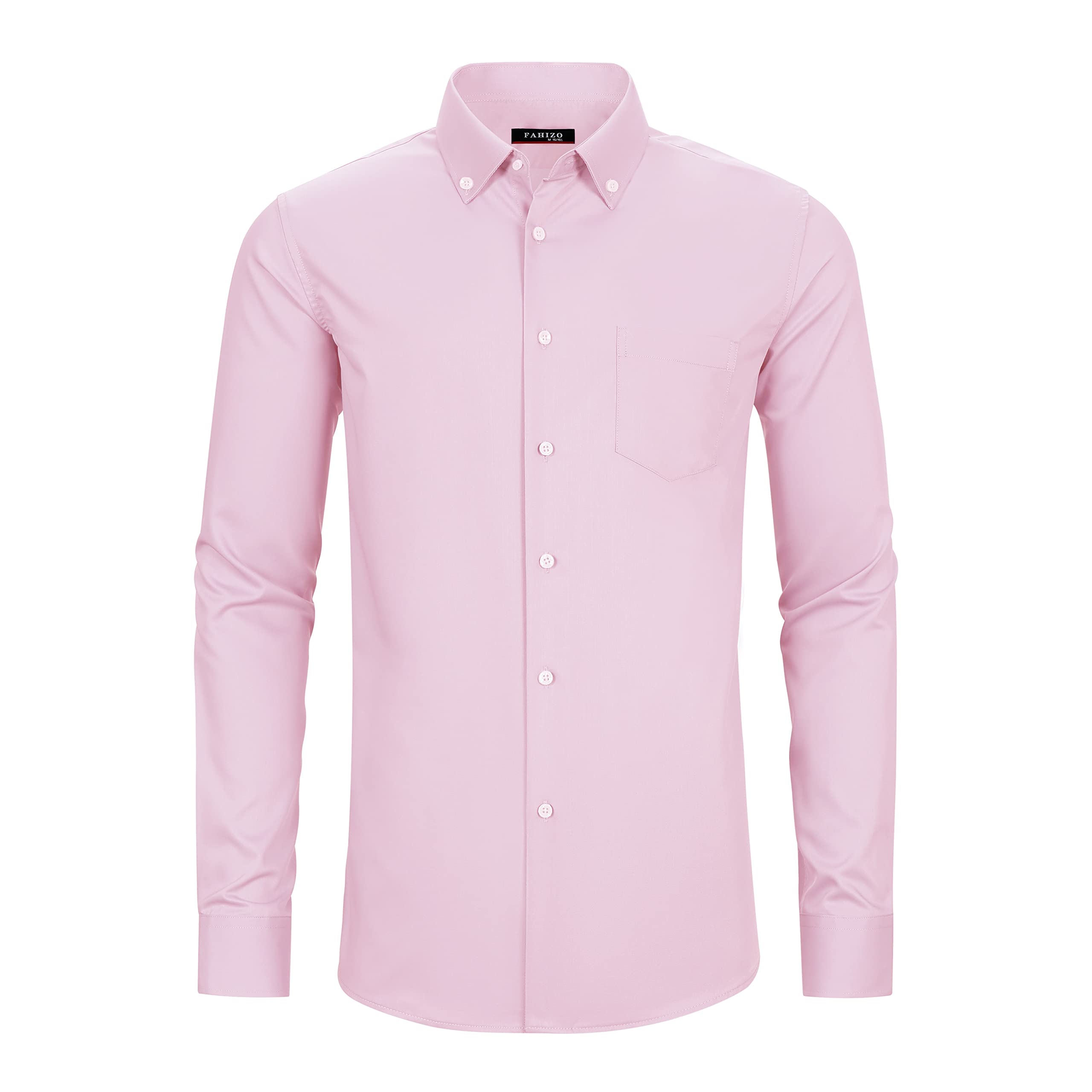 FAHIZO Men's Dress Shirt Regular Fit Soild Casual Business Formal Long Sleeve Button Down Shirts with Pocket, Pink-XL