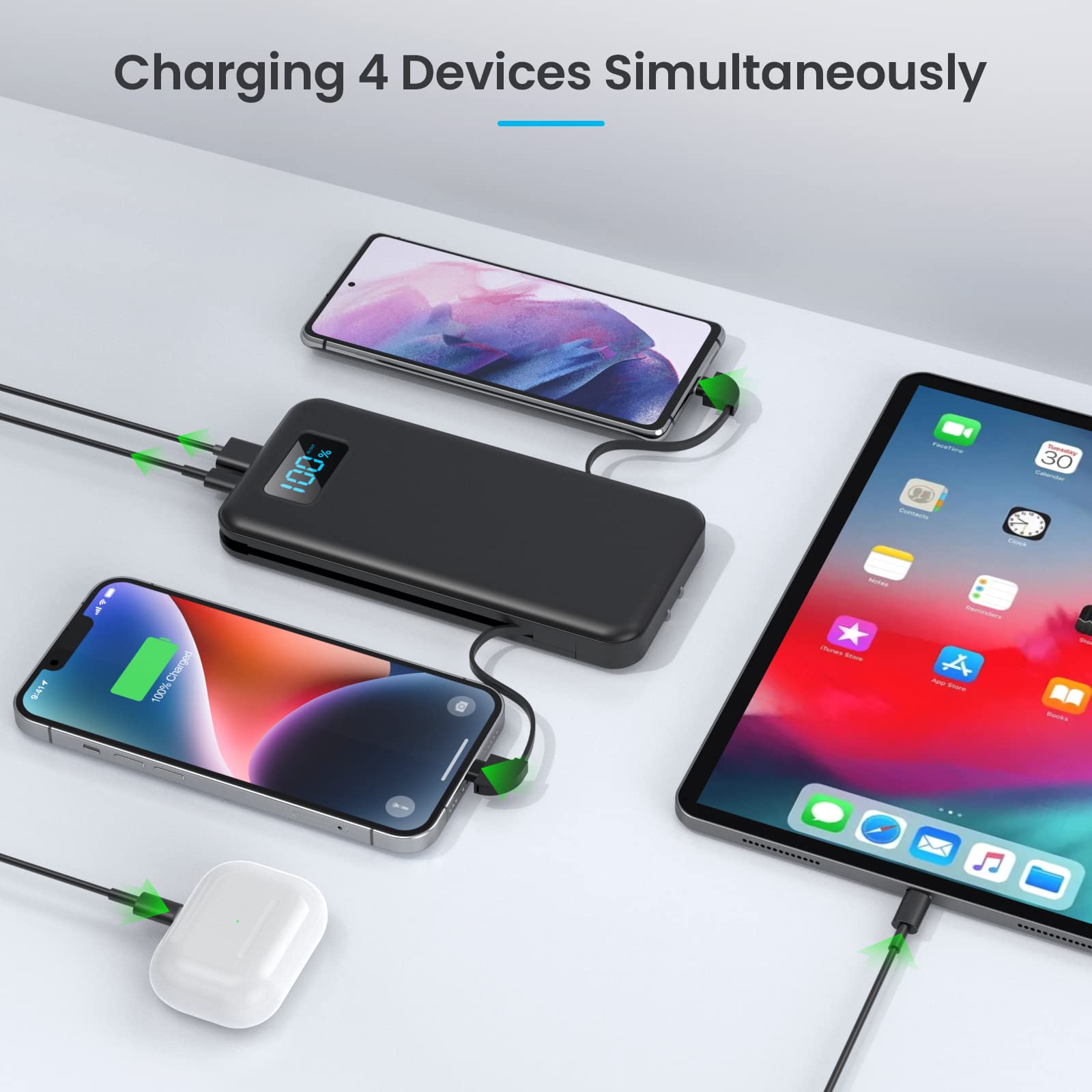 Portable Charger with Built-in Cables & AC Wall Plug,Upgraded 13800mAh USB-C Power Bank, 4 Output LCD Display External Battery Pack Phone Charger Compatible with iPhone 16/15/14/13 Samsung Android etc