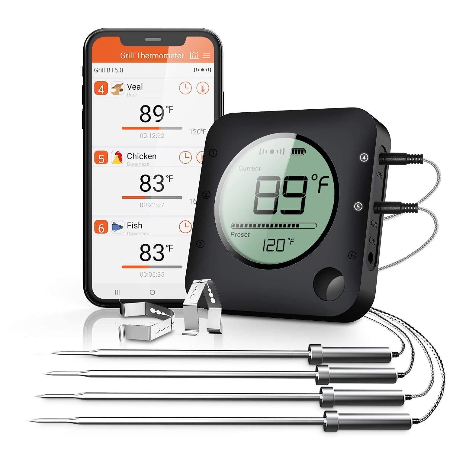 BFOUR Wireless Grill Thermometer, Bluetooth Meat Thermometer, Digital BBQ Meat Thermometer for Grilling Smoker Oven, Smart APP Alarm Monitor Instant Read with 4 Stainless Steel Probes