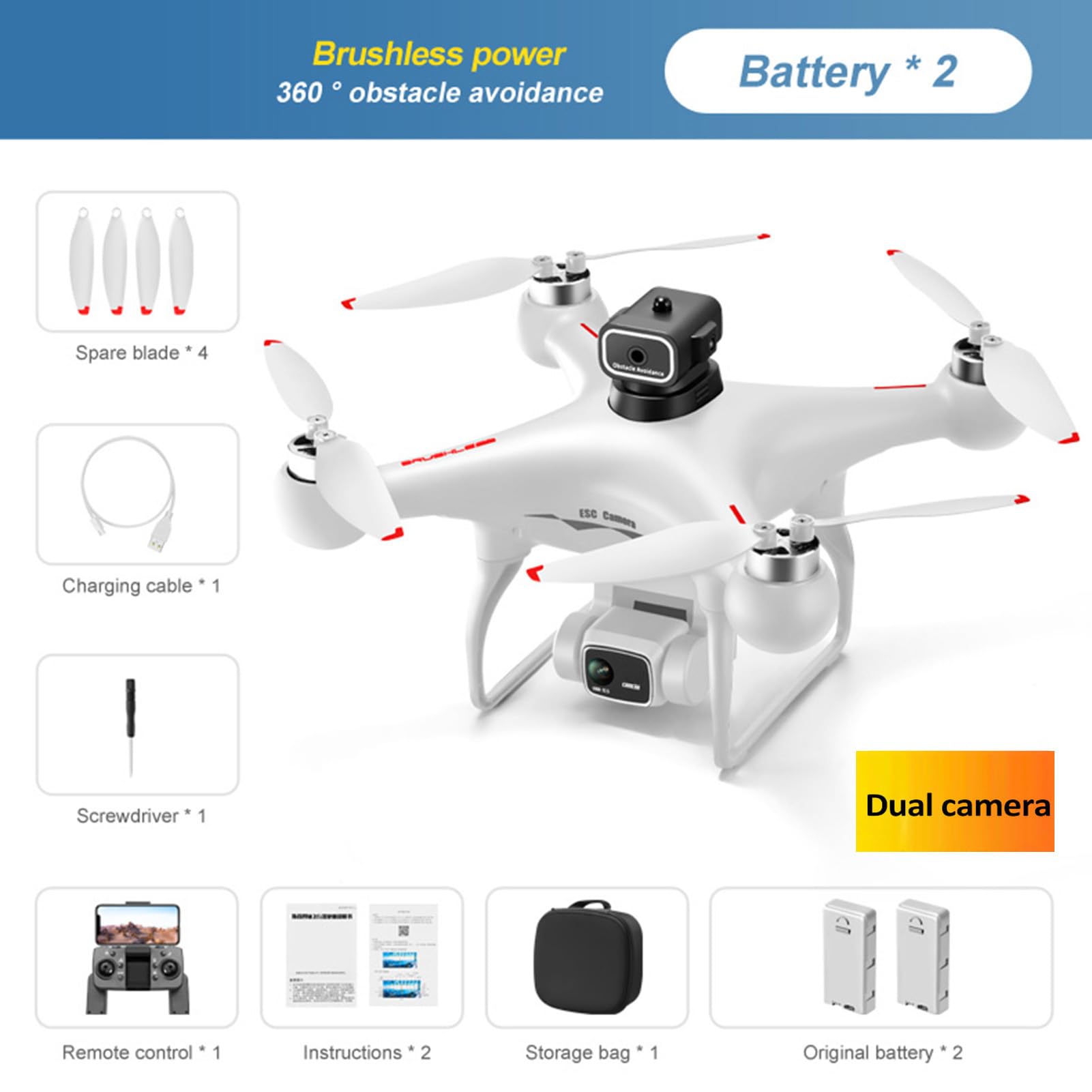 GoolRC S116 Drone with 4K Camera for Adults, RC Quadcopter with Obstacle Avoidance, Optical Flow, Trajectory Flight, Headless Mode, Gravity Sensor, Brushless Motor, Storage Bag and 2 Batteries (White)