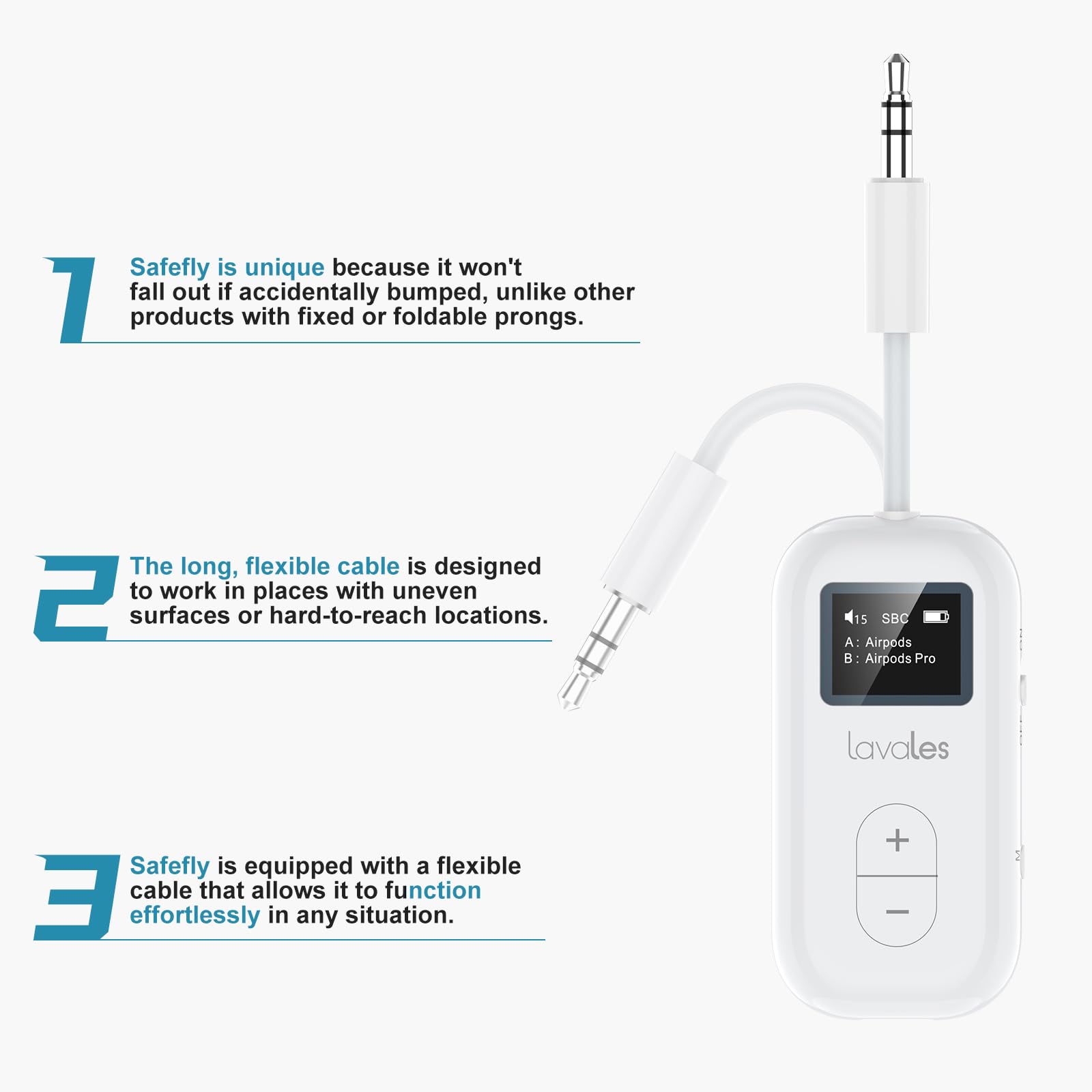 SafeFly Dual Premium Bluetooth 5.3 Transmitter Bluetooth Adapter w/Screen for AirPods or Wireless Headphones - Use with Any 3.5 mm Audio Jack for Airplanes, TV, MP3 Player, PC, Switch
