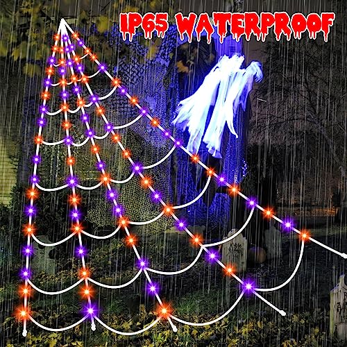 Aitbay Halloween Decorations Outdoor Spiders Web Lights: 150 Purple & Orange LED Light Decor, 17.4Ft Giant Spiderweb with 8 Lighting Modes Waterproof & Timer, Yard Spider Web Decoration