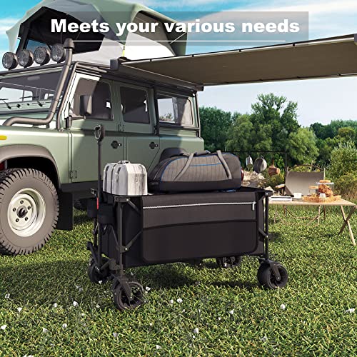 Mdeam 220L Collapsible Foldable Wagon, Heavy Duty Folding Utility Cart with Big All-Terrain Beach Wheels, Cup Holders, Side Pockets and Adjustable Handle for Camping, Garden, Sports, Shopping (Black)